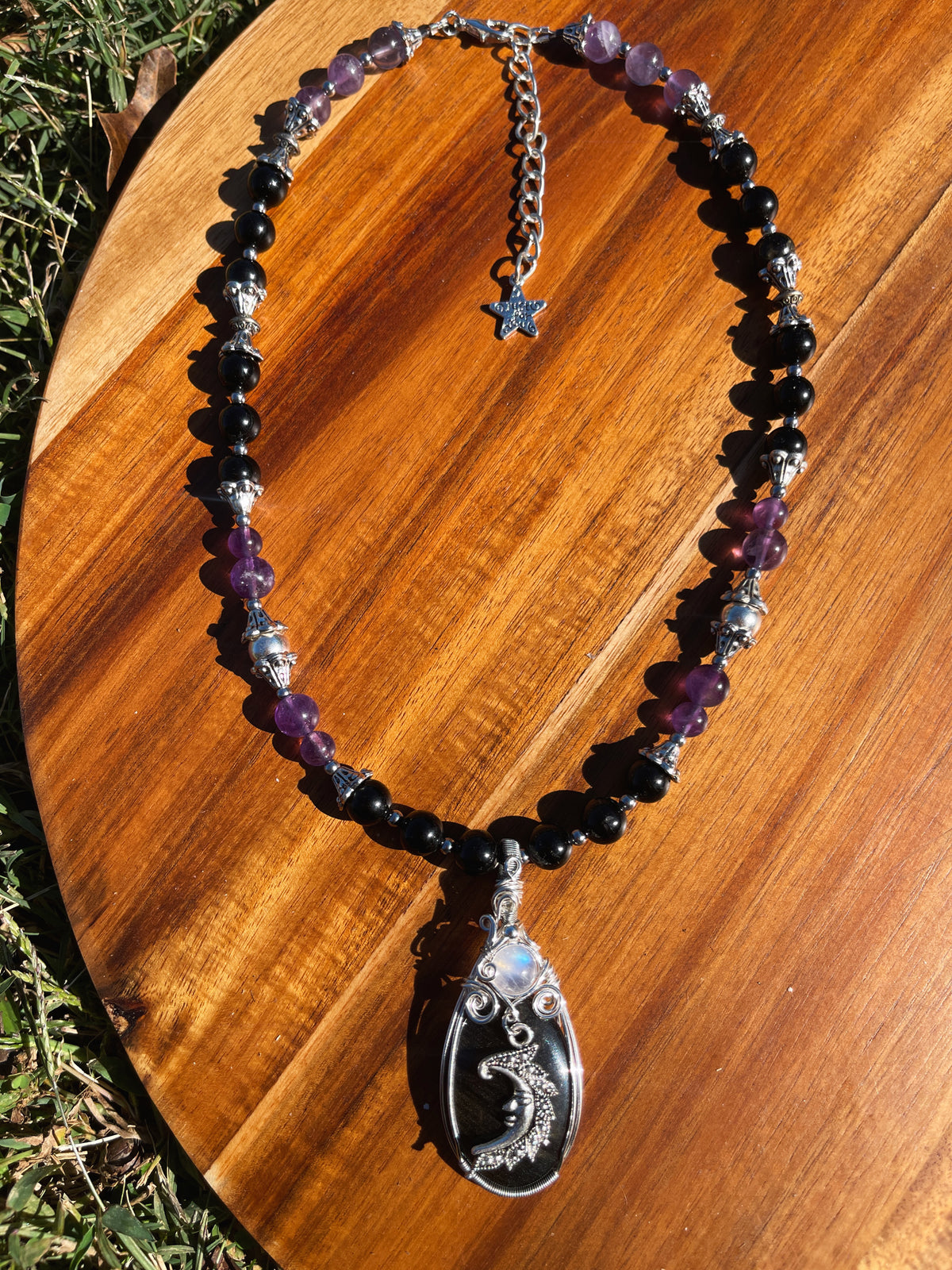 Eclipse • Goldsheen Obsidian, Moonstone + Amethyst Moon Necklace