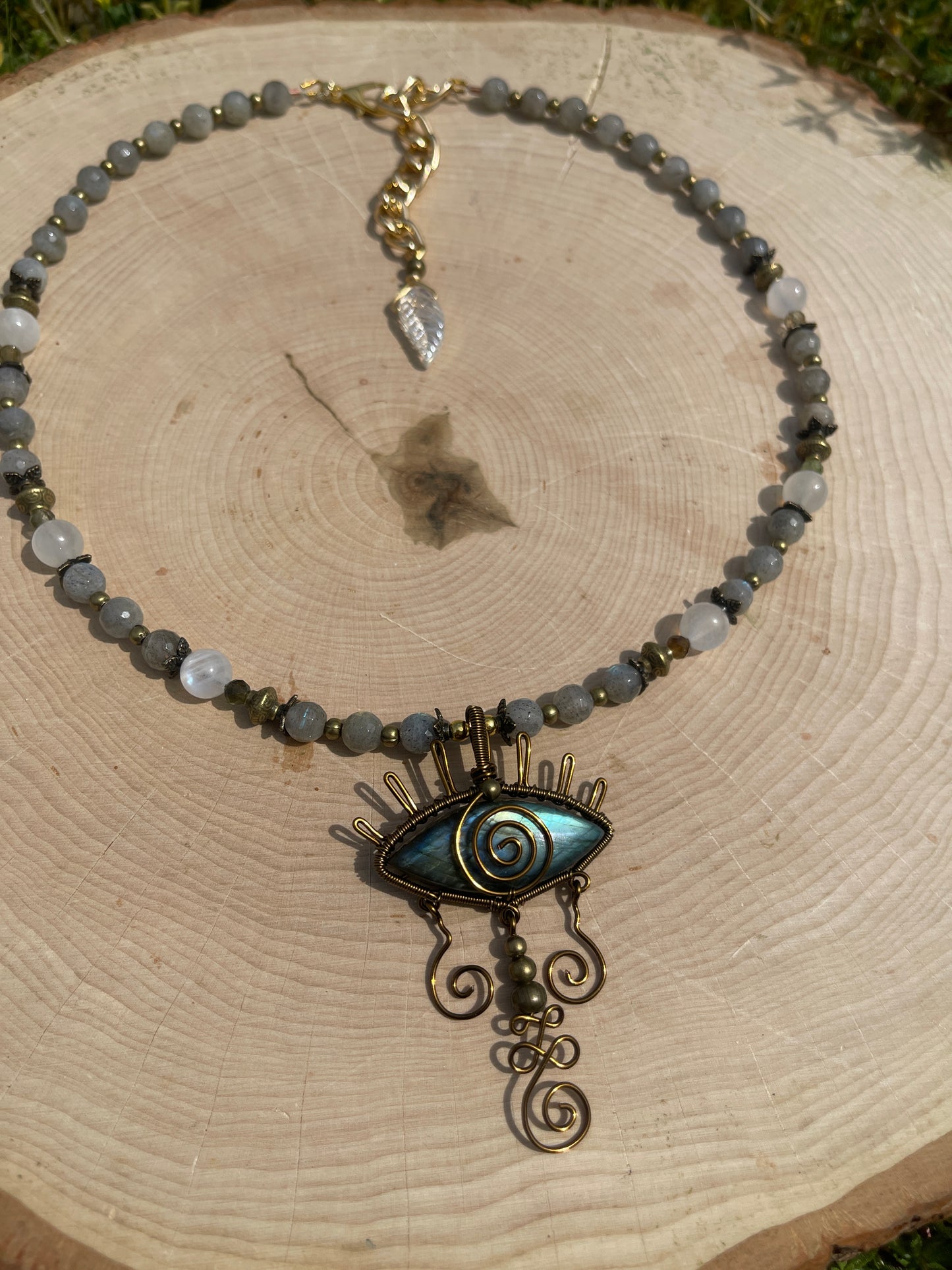 Labradorite, Moonstone + Green Garnet Eye Necklace