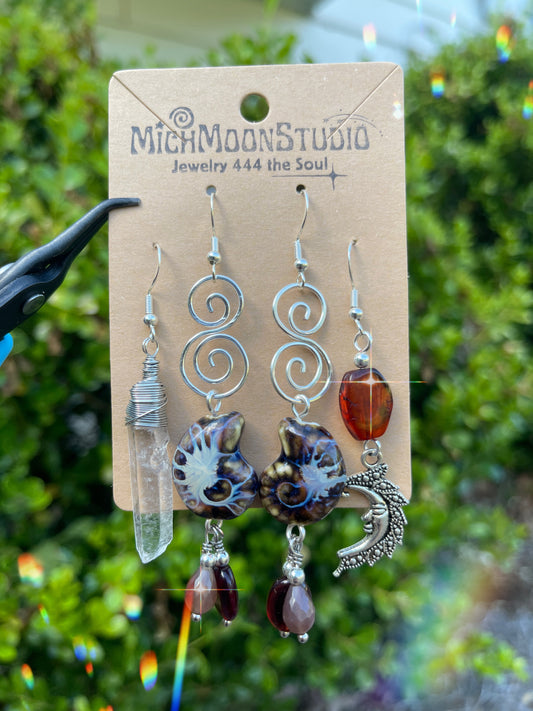 Ammonite Fossil Earrings Set • Peach Moonstone, Garnet + Amber