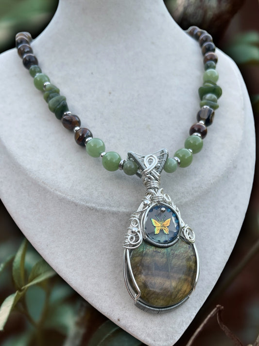 Labradorite, Jade + Tigers Eye Butterfly Necklace