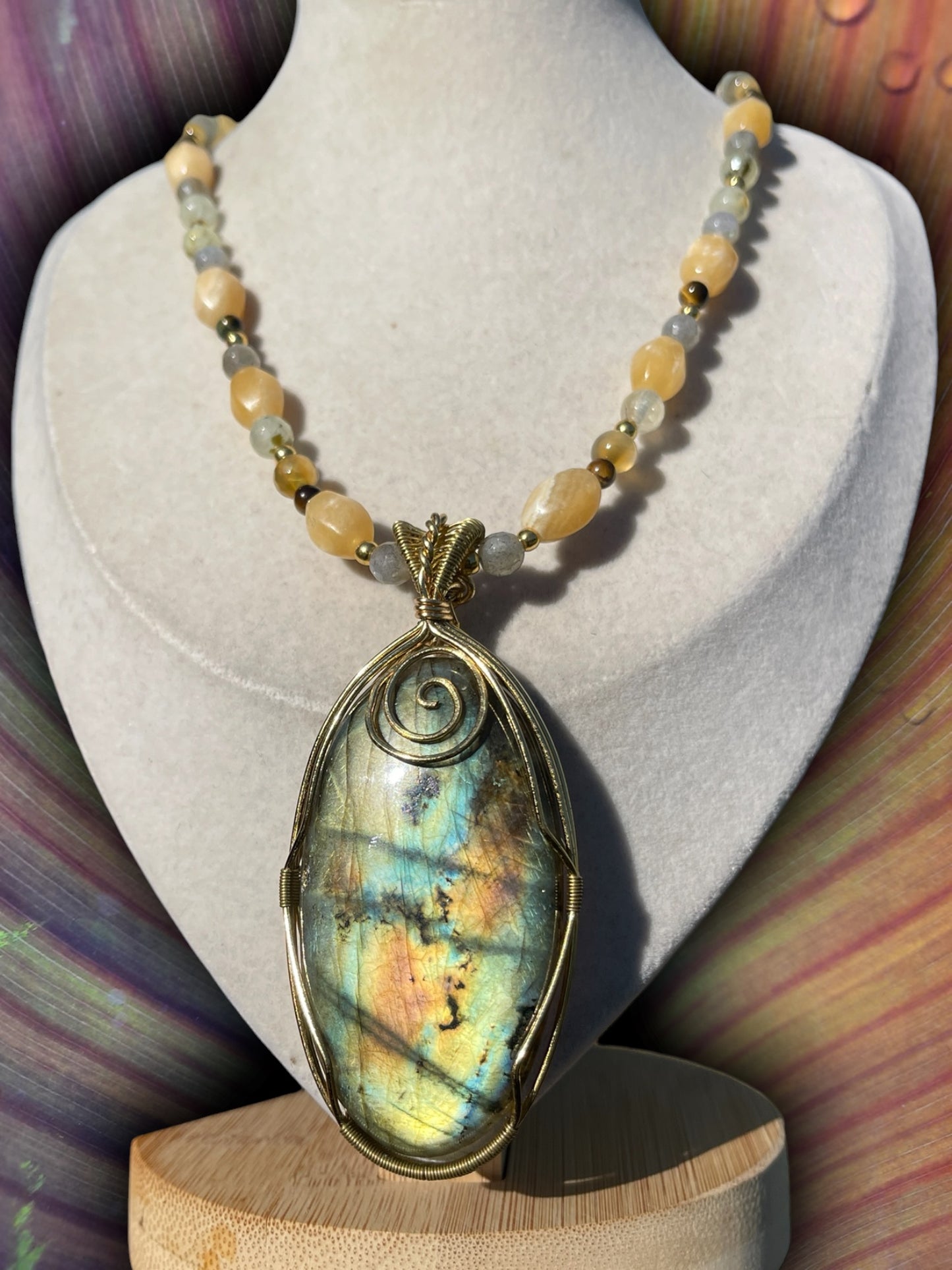 XL Labradorite, Honey Calcite, Prehnite + Labradorite Necklace
