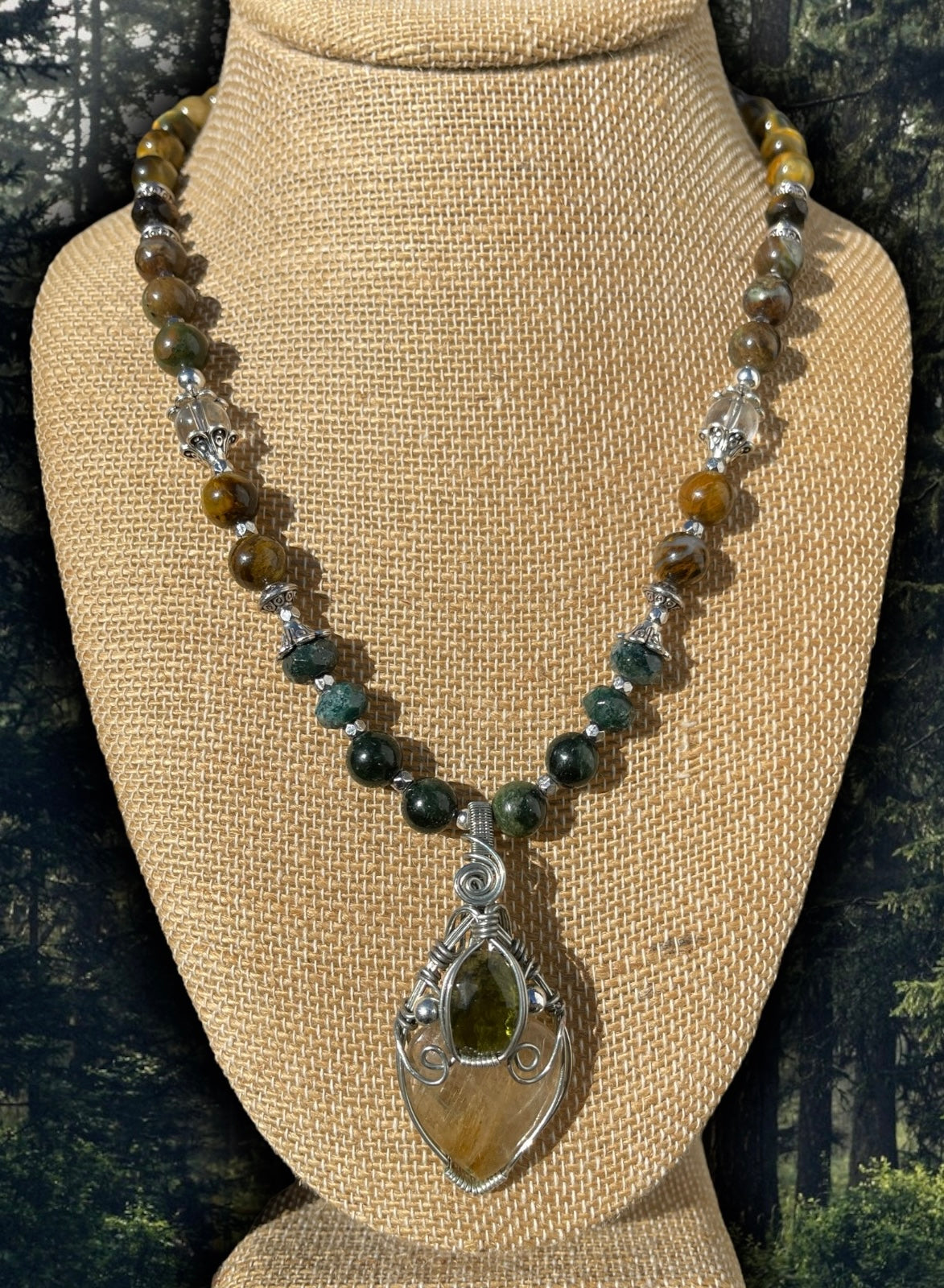 Sage • Moldavite, Golden Rutilated Quartz, Dioptase, Green Opal, Moss Agate + Golden Tigers Eye Necklace