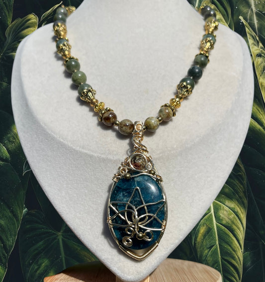 Aven • Green Garnet, Blue Apatite, Fluorite + Chinese Jade Lotus Flower Necklace