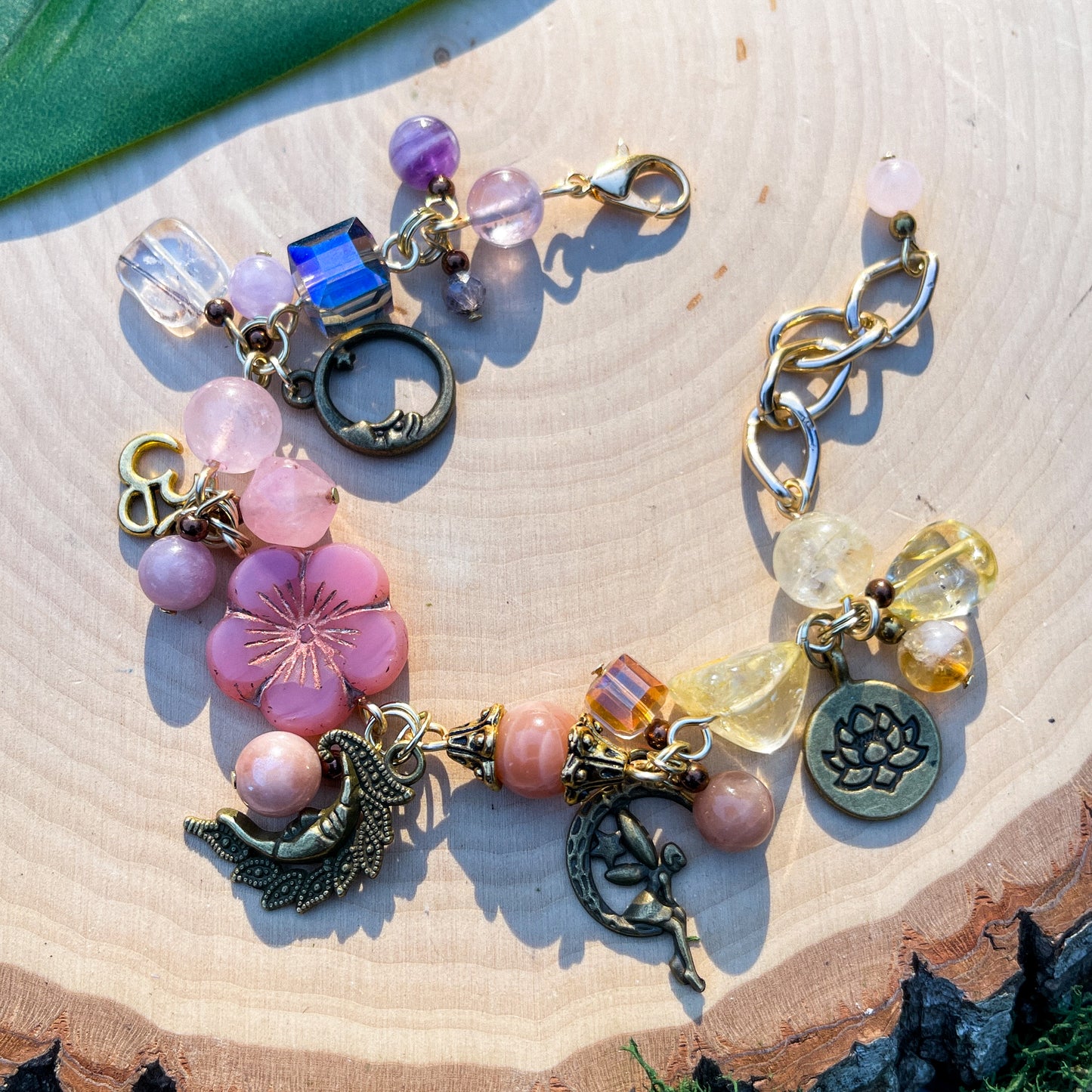 Citrine, Rose Quartz, Peach Moonstone + Amethyst Charm Bracelet
