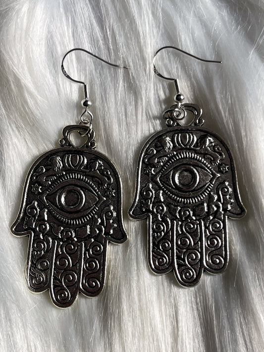 Medium Silver Hamsa Hand Earrings • 2-Sided