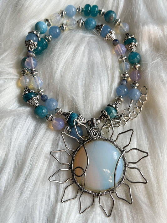 Opalite Ethereal Sun Necklace • Blue Apatite, Aquamarine + Sodalite