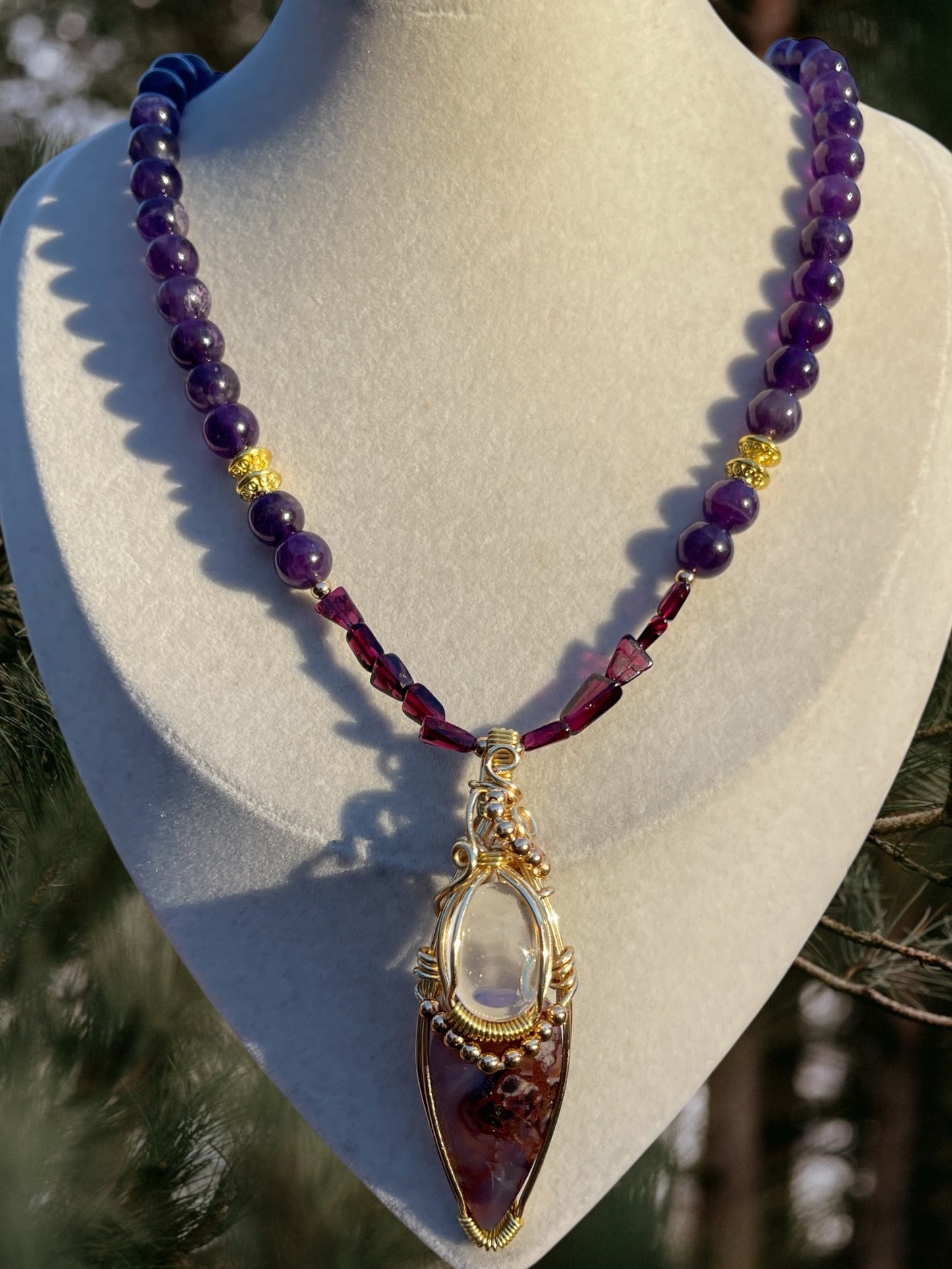 Solstice • Purple Sakura Agate, Amethyst + Clear Quartz Necklace