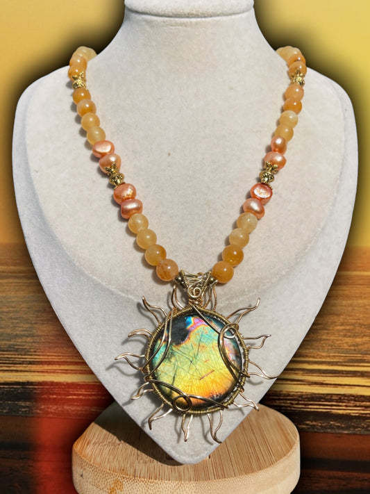 Rising Sun • Labradorite, Freshwater Pearl + Honey Calcite Necklace