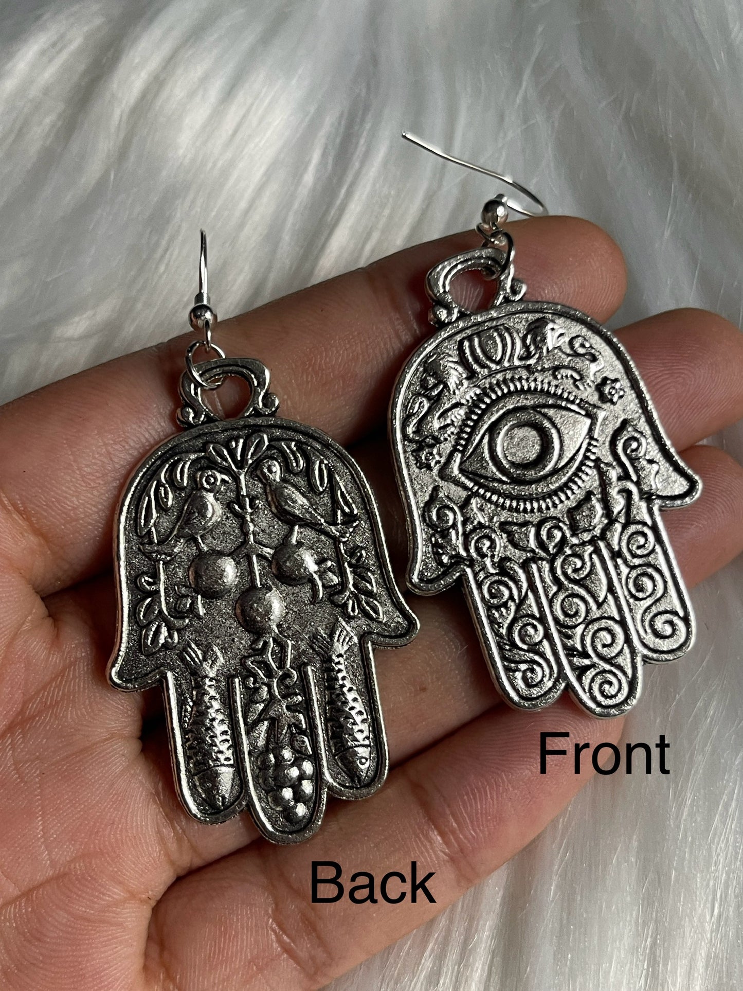 Medium Silver Hamsa Hand Earrings • 2-Sided