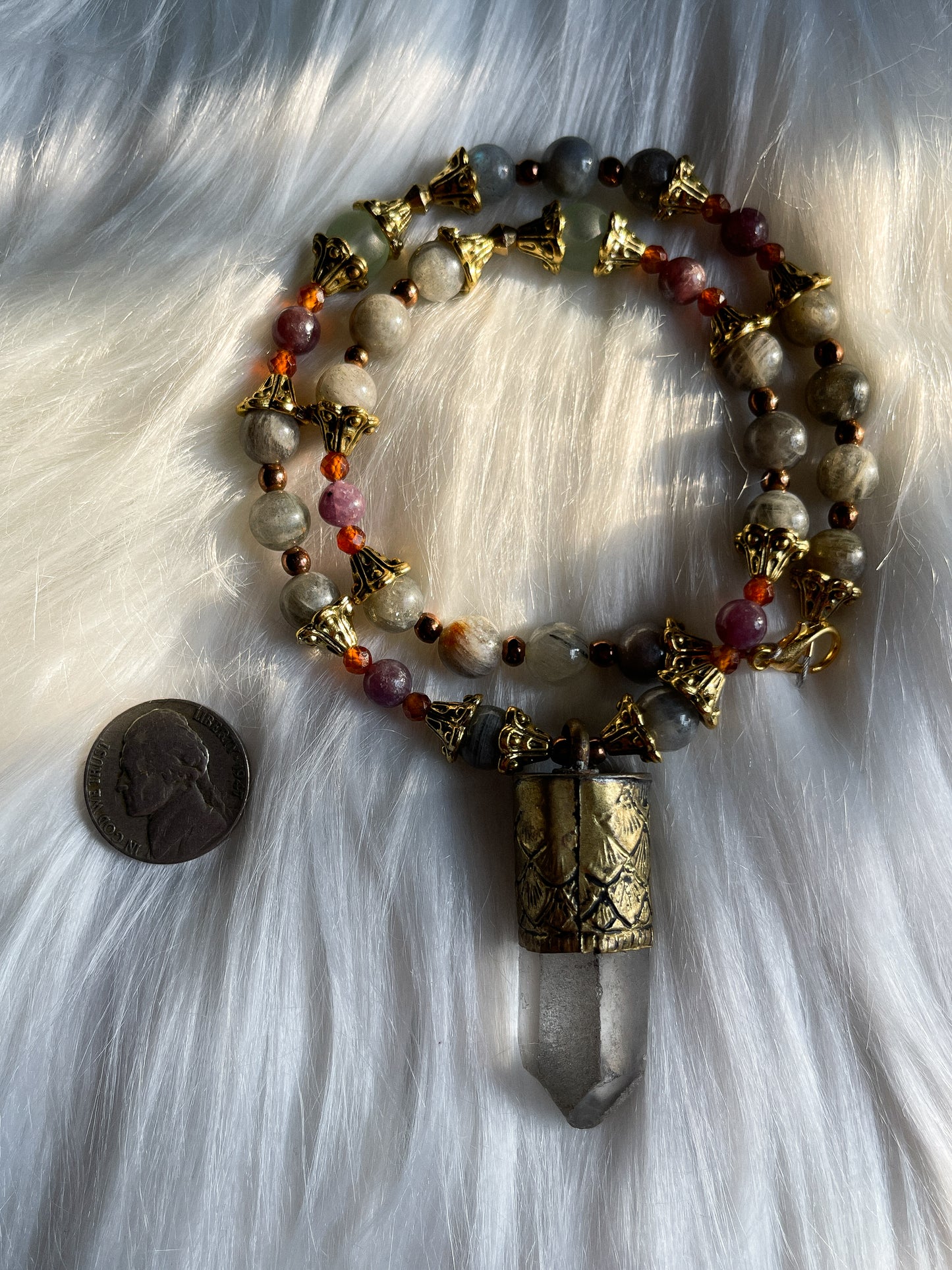 Tibetan Quartz, Fluorite, Labradorite, Lepidolite + Garnet Necklace