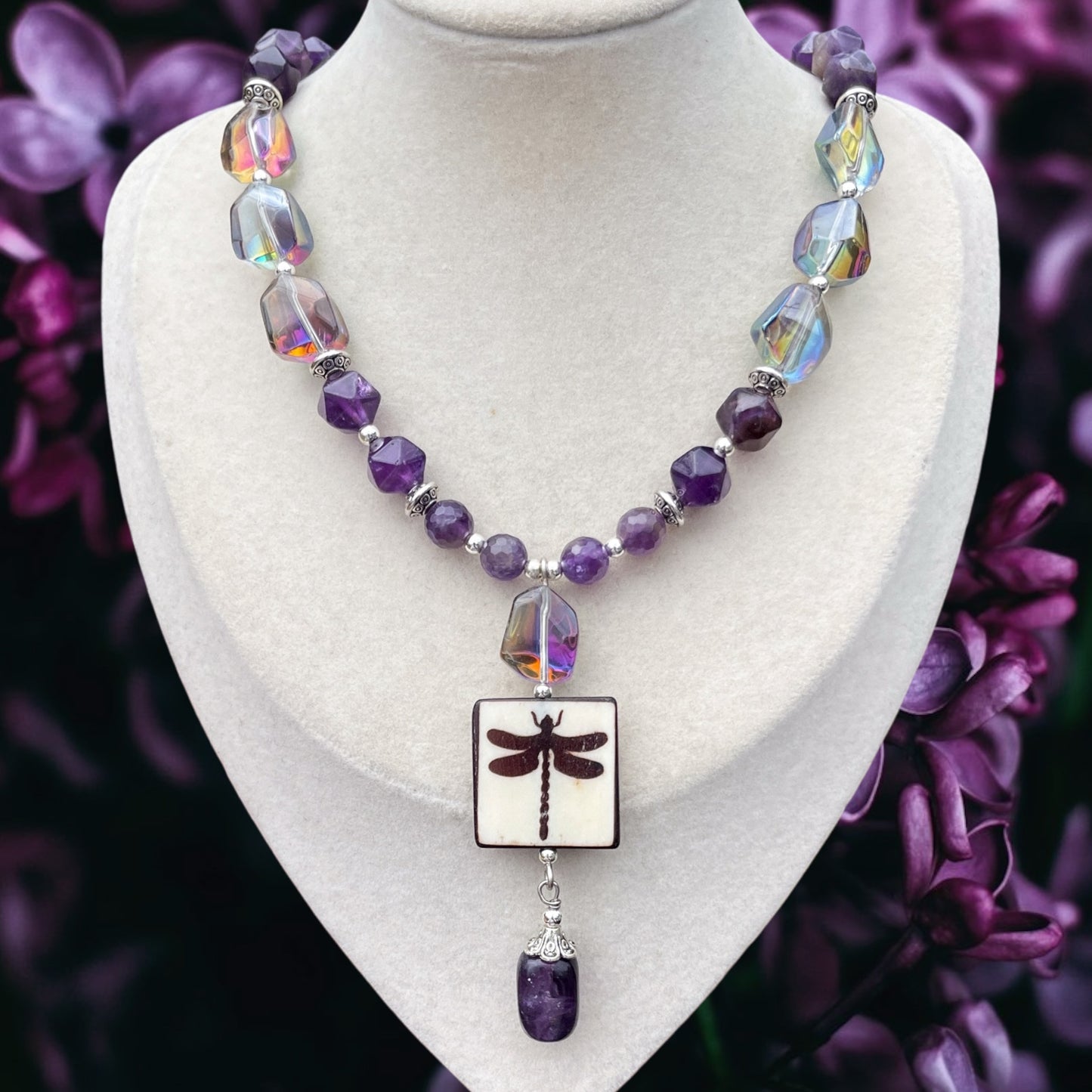 Callie • Amethyst + Aura Glass Dragonfly Necklace