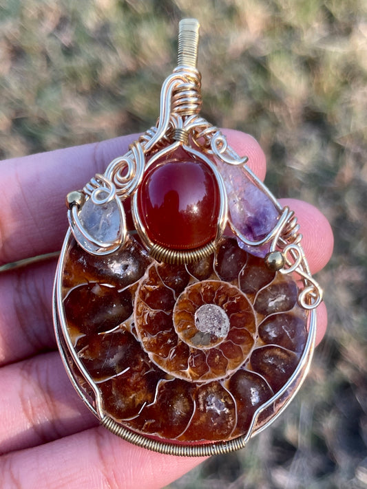 Anmonite, Carnelian, Fluorite + Amethyst Pendant