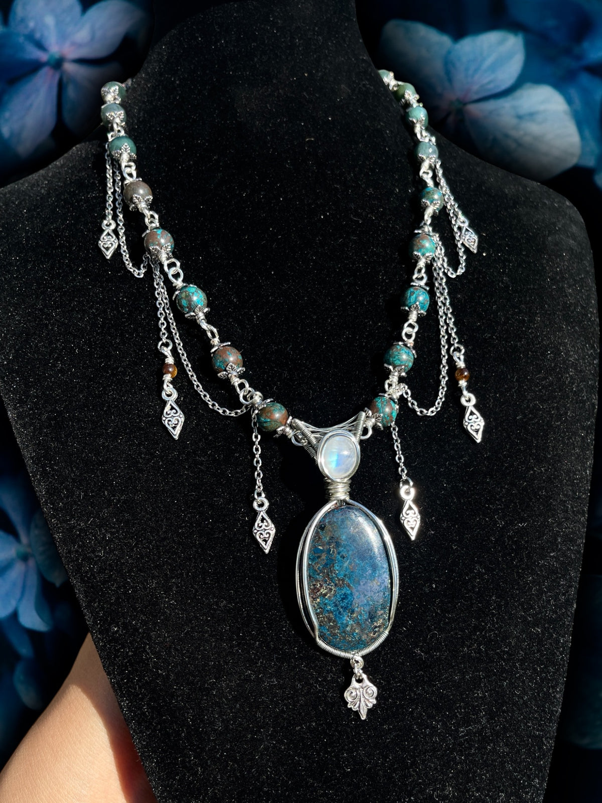 Ophelia • Chrysocolla + Moonstone Chandelier Necklace