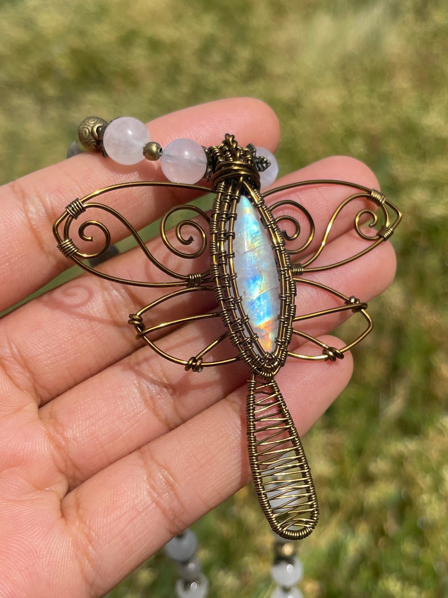 Moonstone, Prehnite, Labradorite + Green Garnet Dragonfly