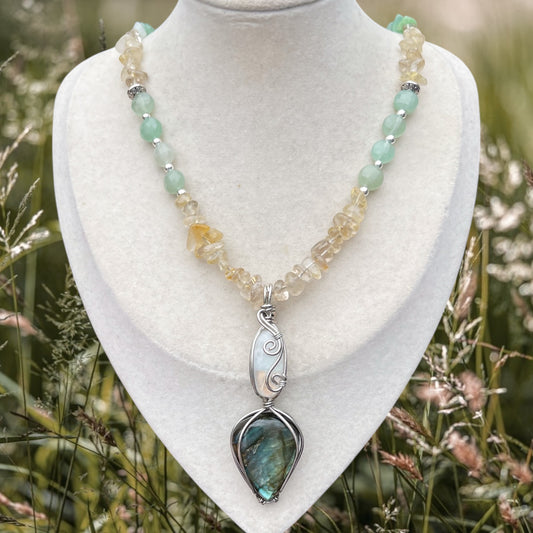 Rayna • Labradorite, Moonstone, Rutilated Quartz + Green Aventurine Necklace