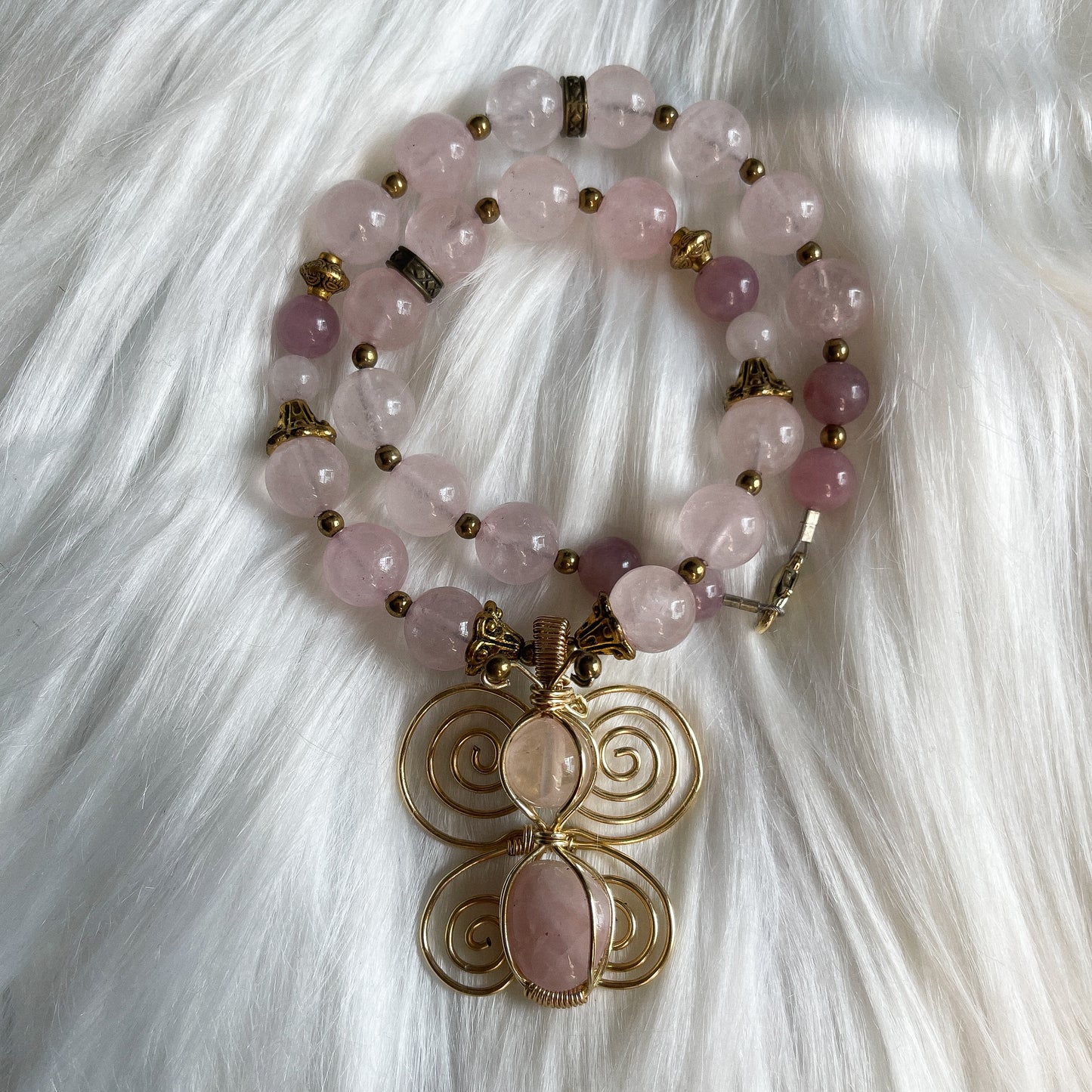 Bubblegum Rose Quartz Butterfly Necklace