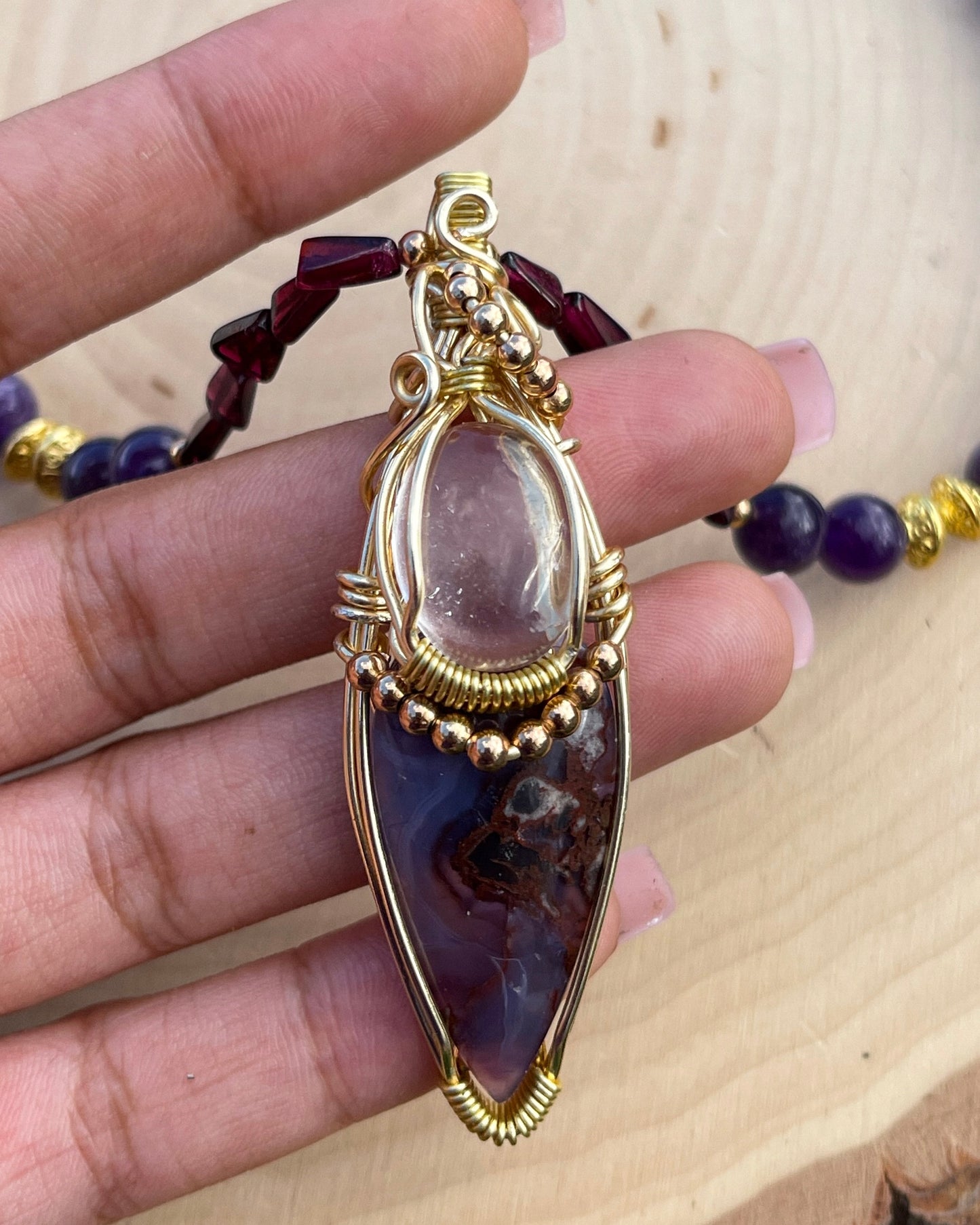 Solstice • Purple Sakura Agate, Amethyst + Clear Quartz Necklace