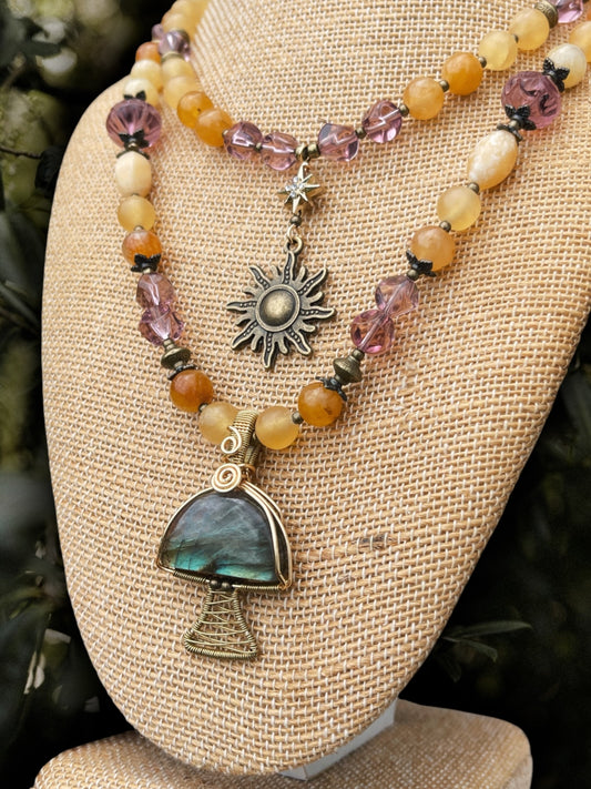 Magic Mushroom • Honey Calcite, Labradorite, Purple Jade & Glass Set