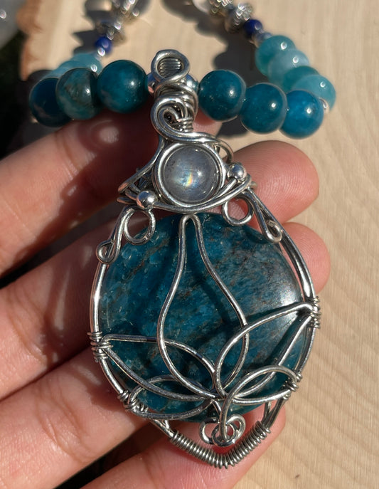 Blue Apatite + Labradorite Lotus Flower Necklace