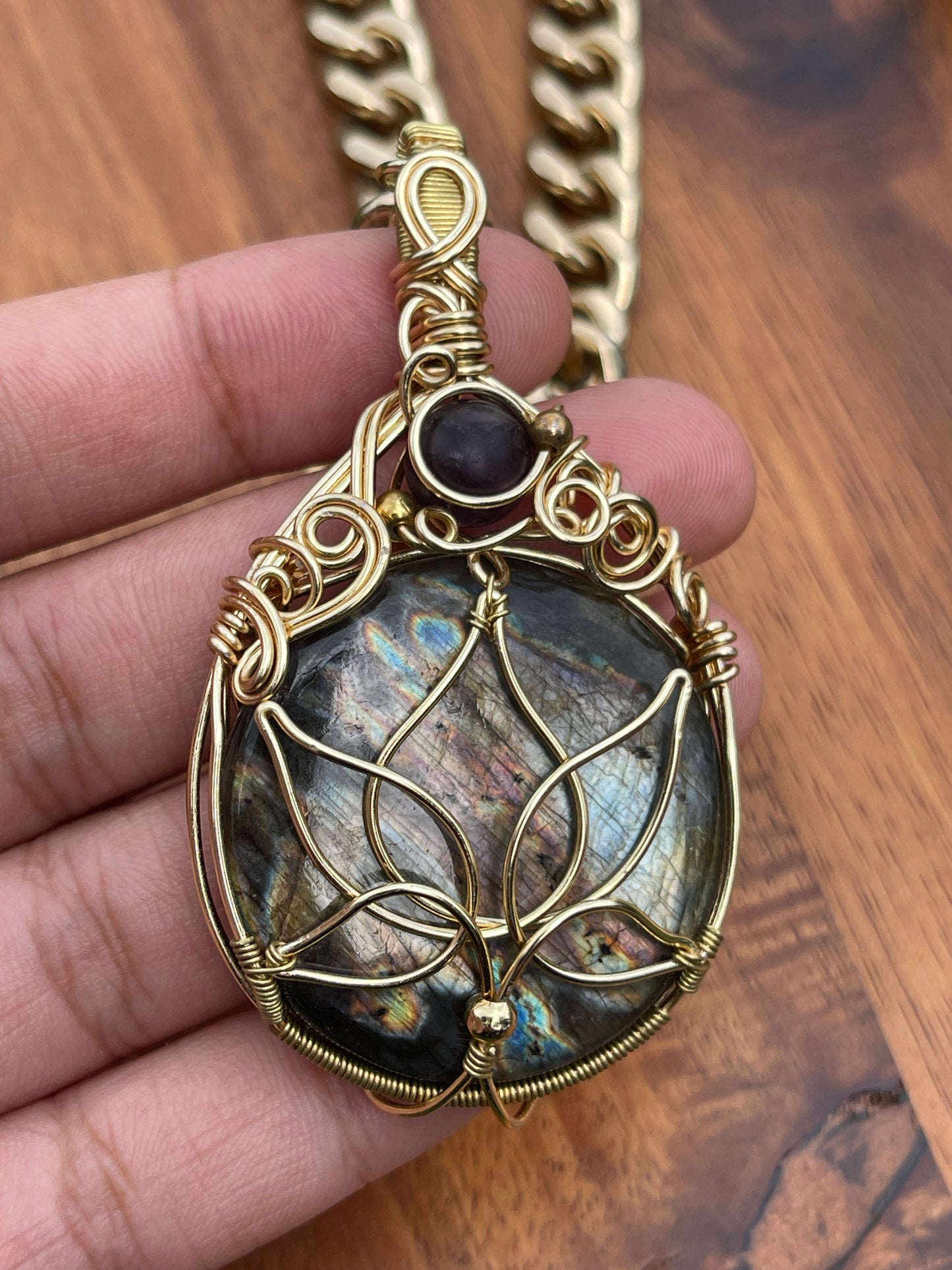 Venus • Spectrolite Lotus Flower Cuban Link Chain Necklace