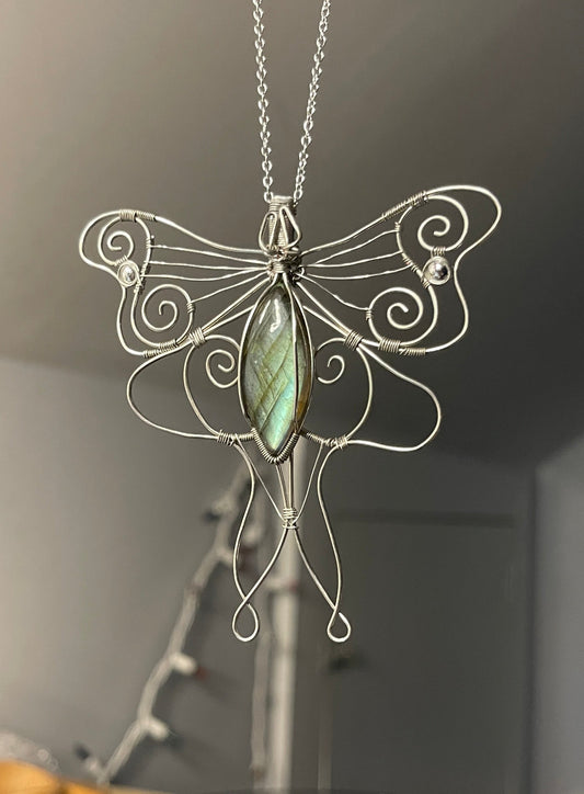 Silver Labradorite Luna Moth Necklace (pre-order)