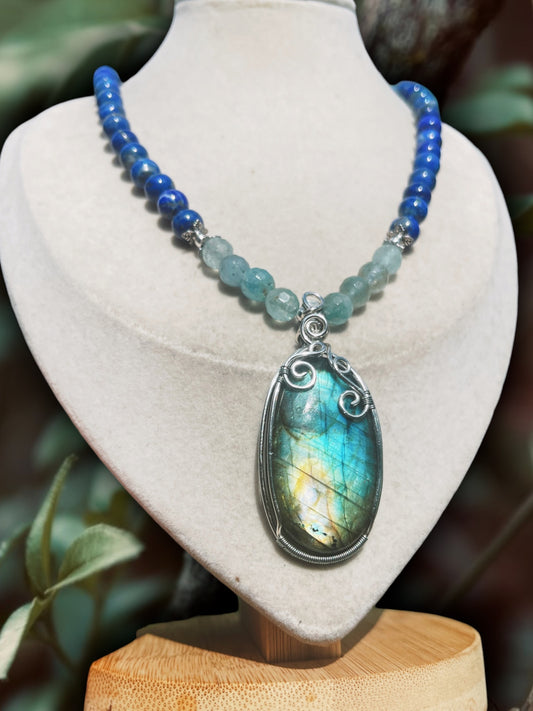 Labradorite, Aquamarine + Lapis Necklace