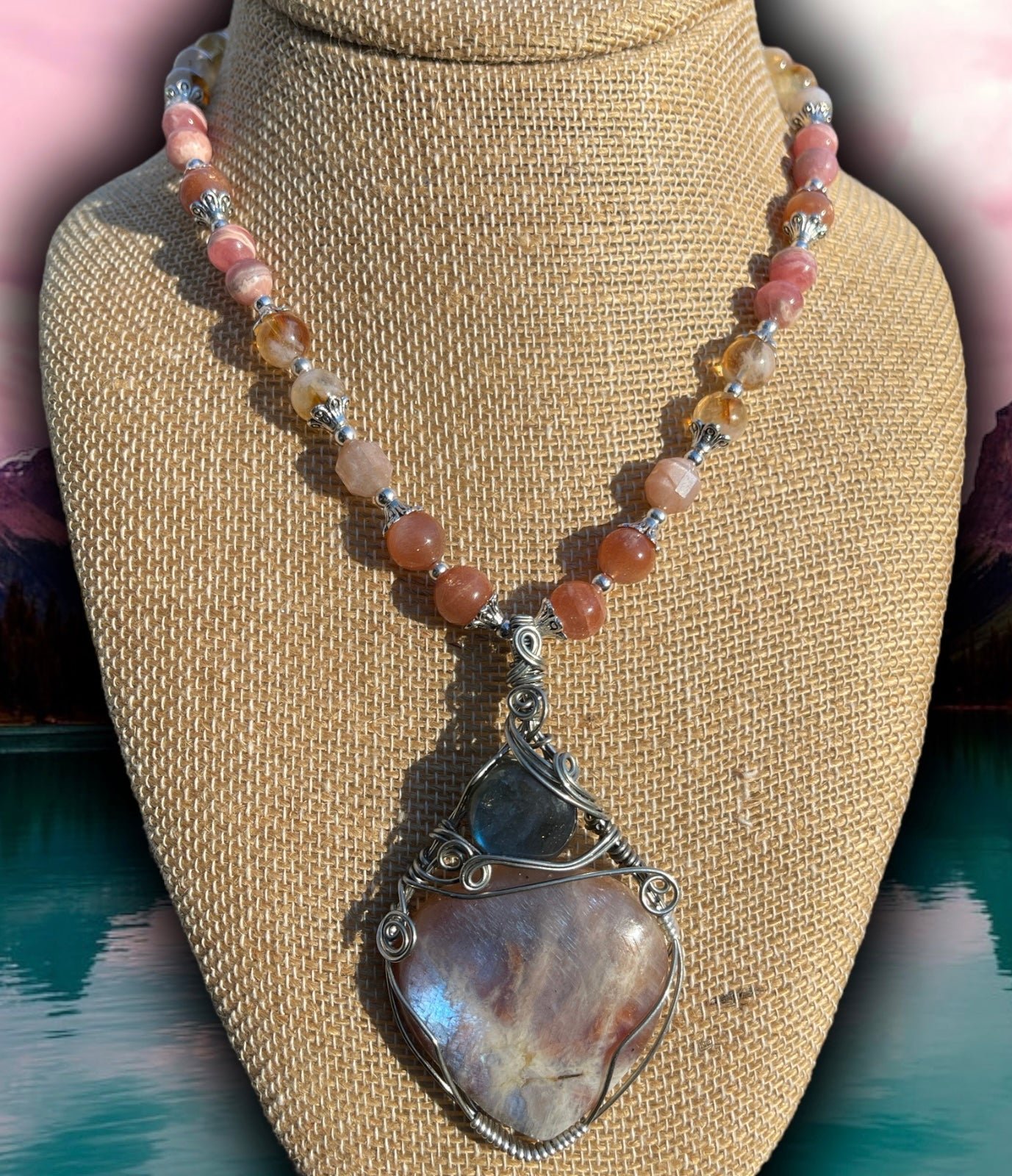 Anabelle • Sunstone/Moonstone, Rhodochrosite + Citrine Necklace