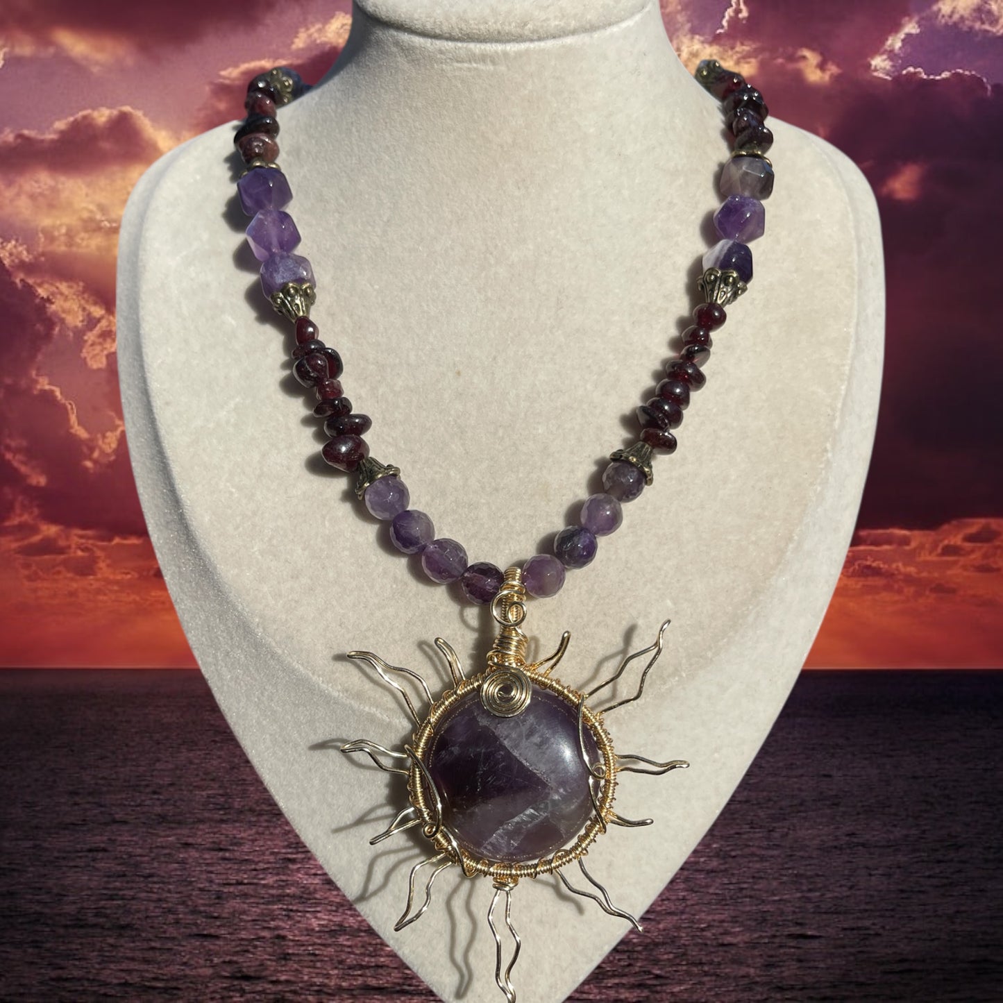 Moxie • Amethyst + Garnet Sun Necklace