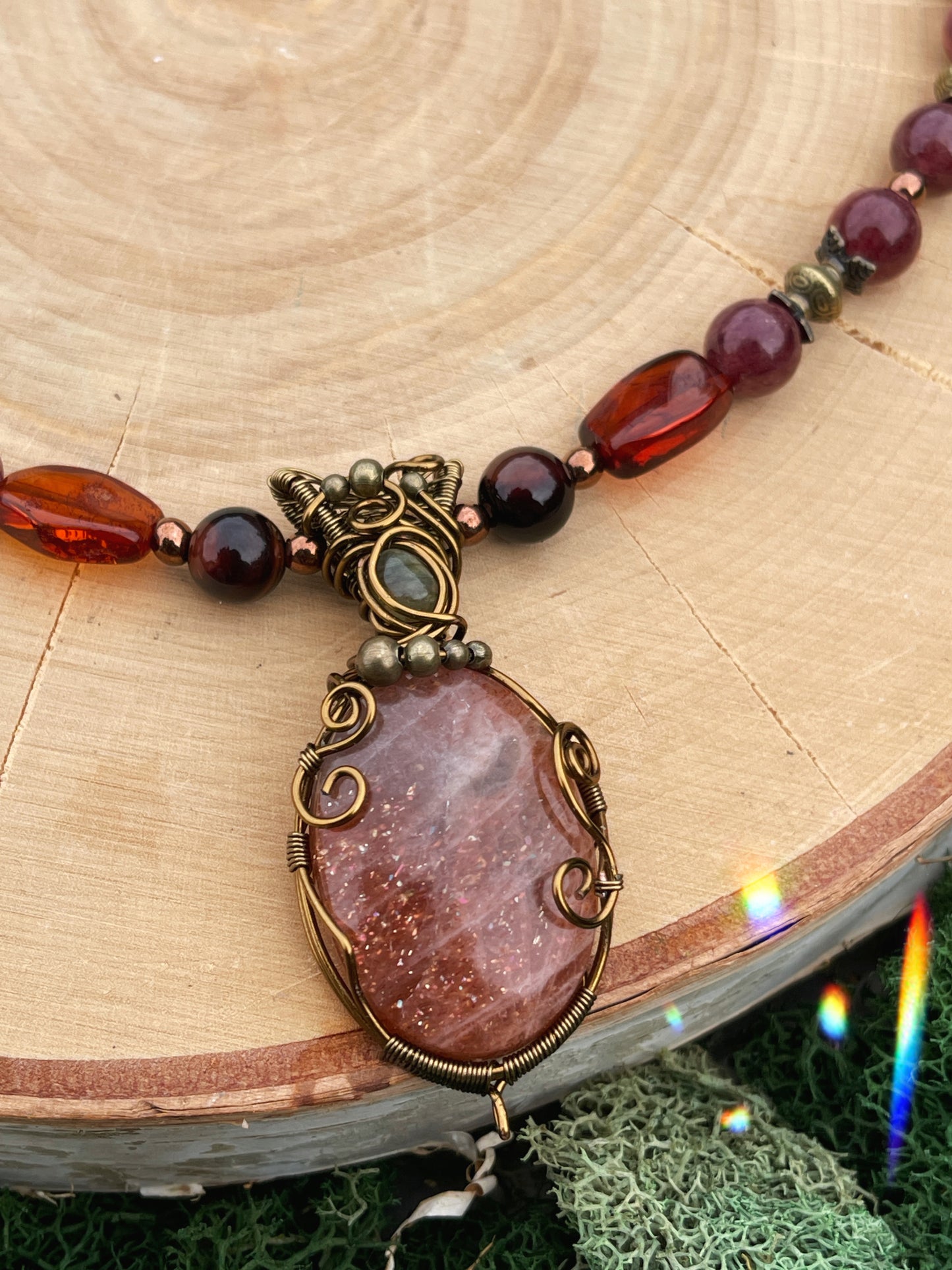 Auraline • Confetti Sunstone, Amber + Strawberry Quartz Necklace