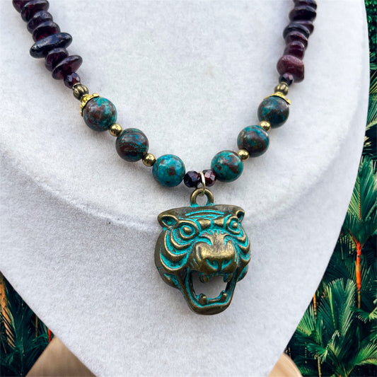 Chrysocolla + Garnet Antique Tiger Necklace