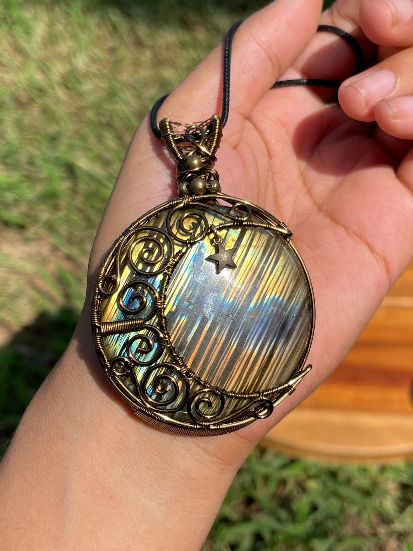 Large Round Labradorite Crescent Moon Pendant