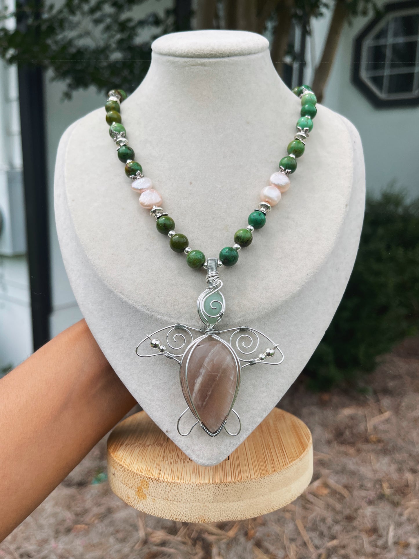 Belmorite Moonstone, Pearl + Green Turquoise Turtle Necklace