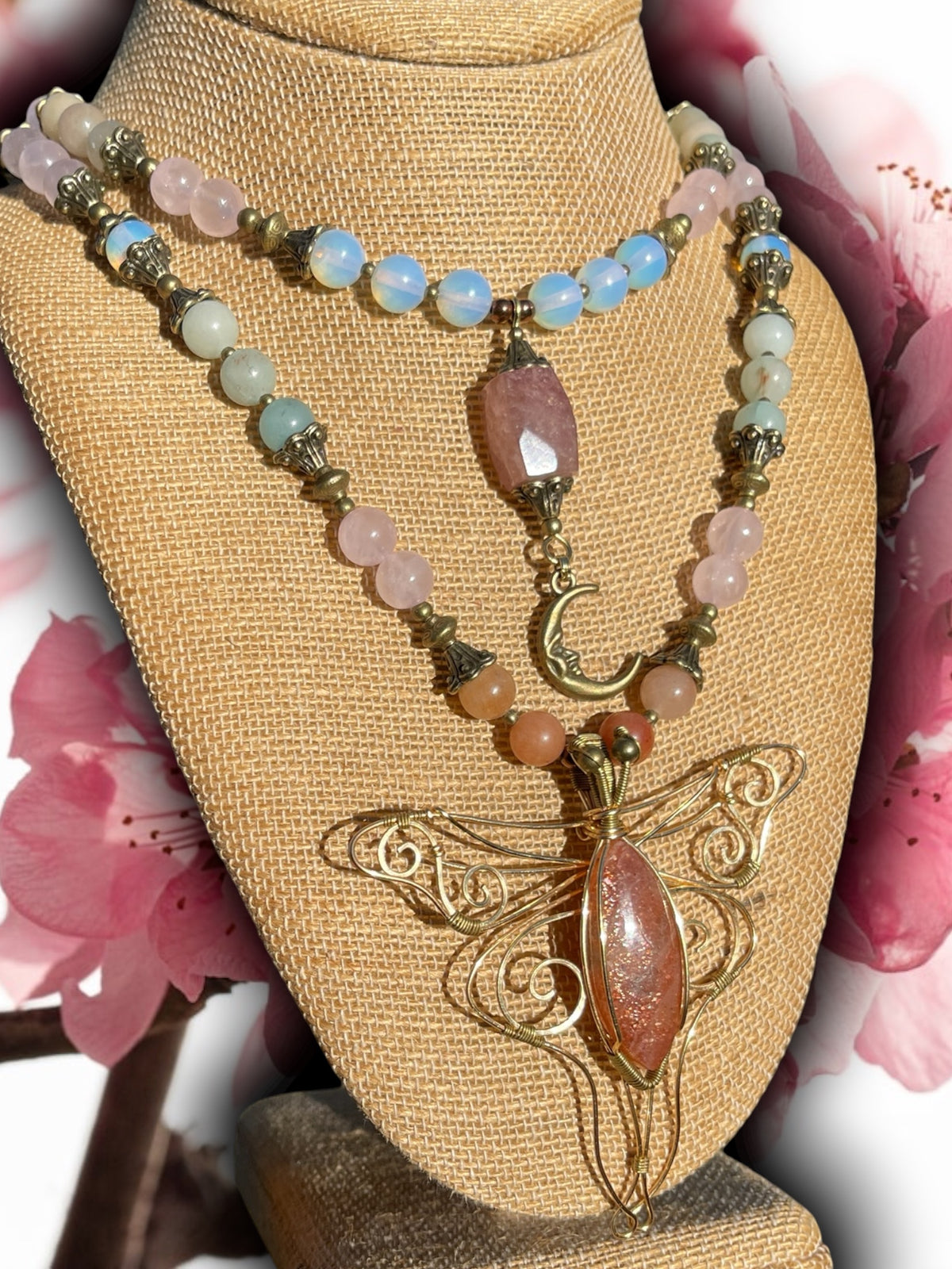 Tilly • Opalite, Amazonite, Rose Quartz + Sunstone Luna Moth Necklace Set