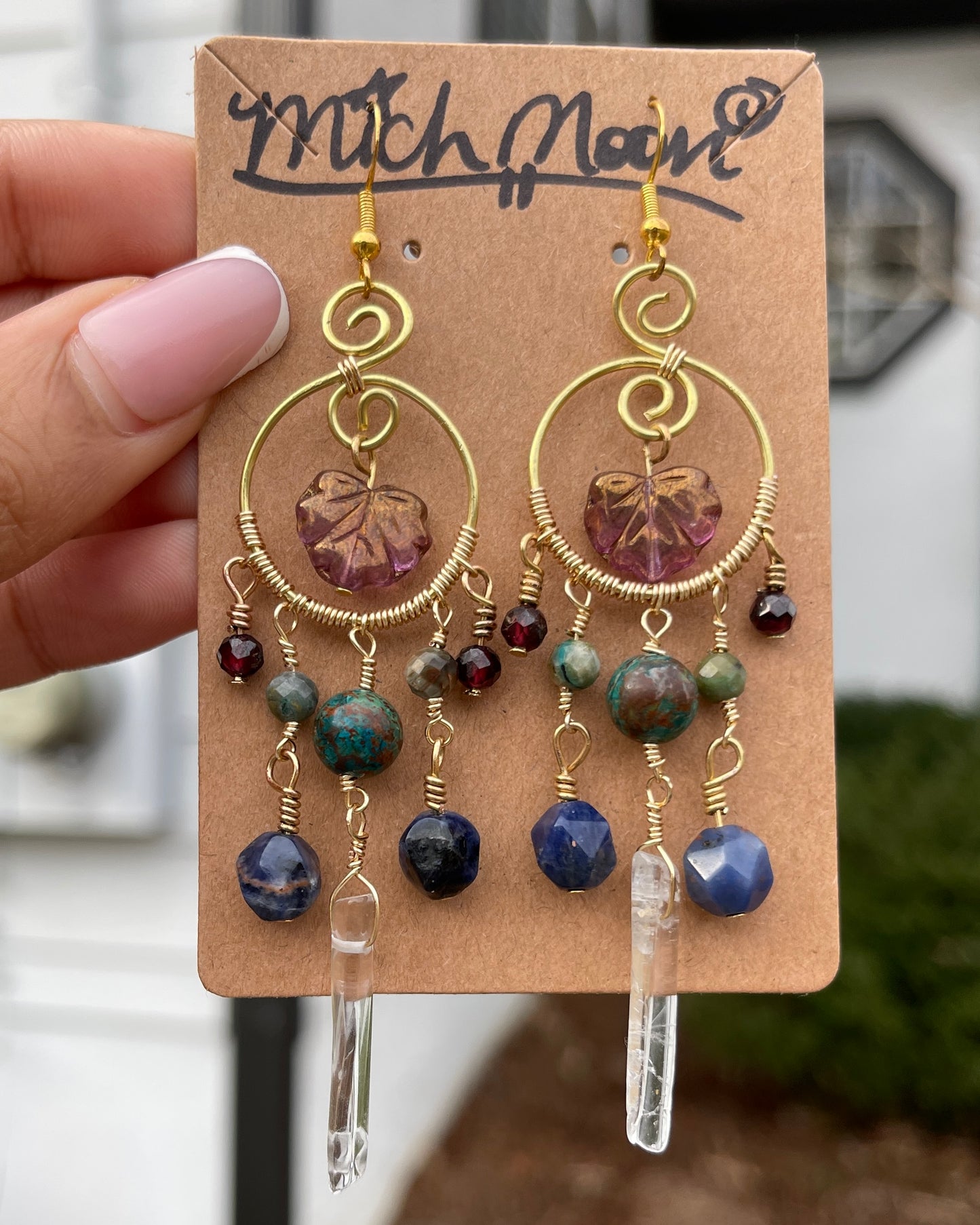 Chrysocolla, Blue Apatite, Sodalite + Garnet Leaf Earrings