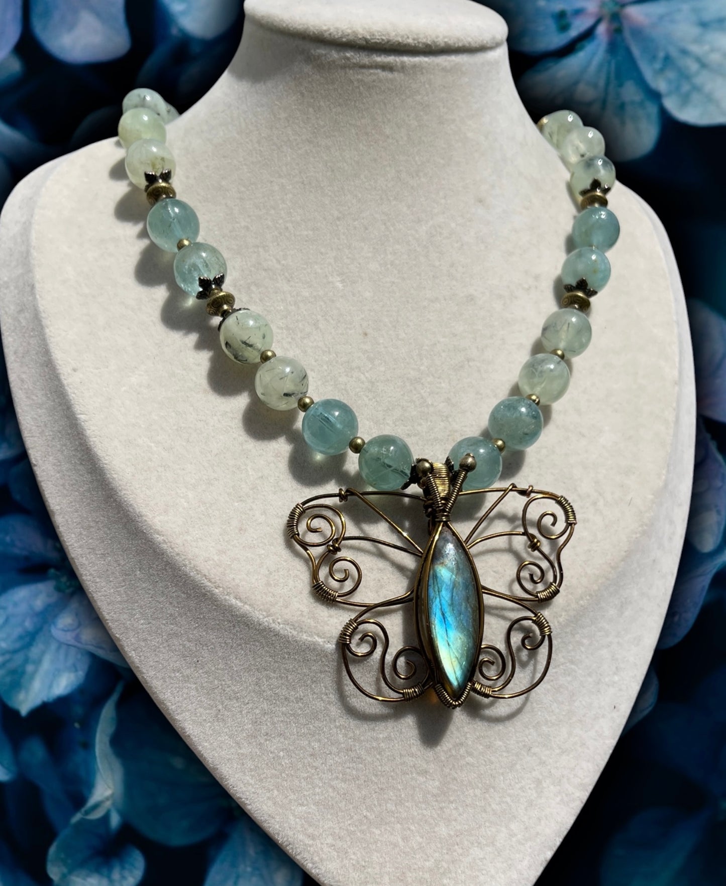 10mm Aquamarine, Prehnite + Labradorite Butterfly Necklace