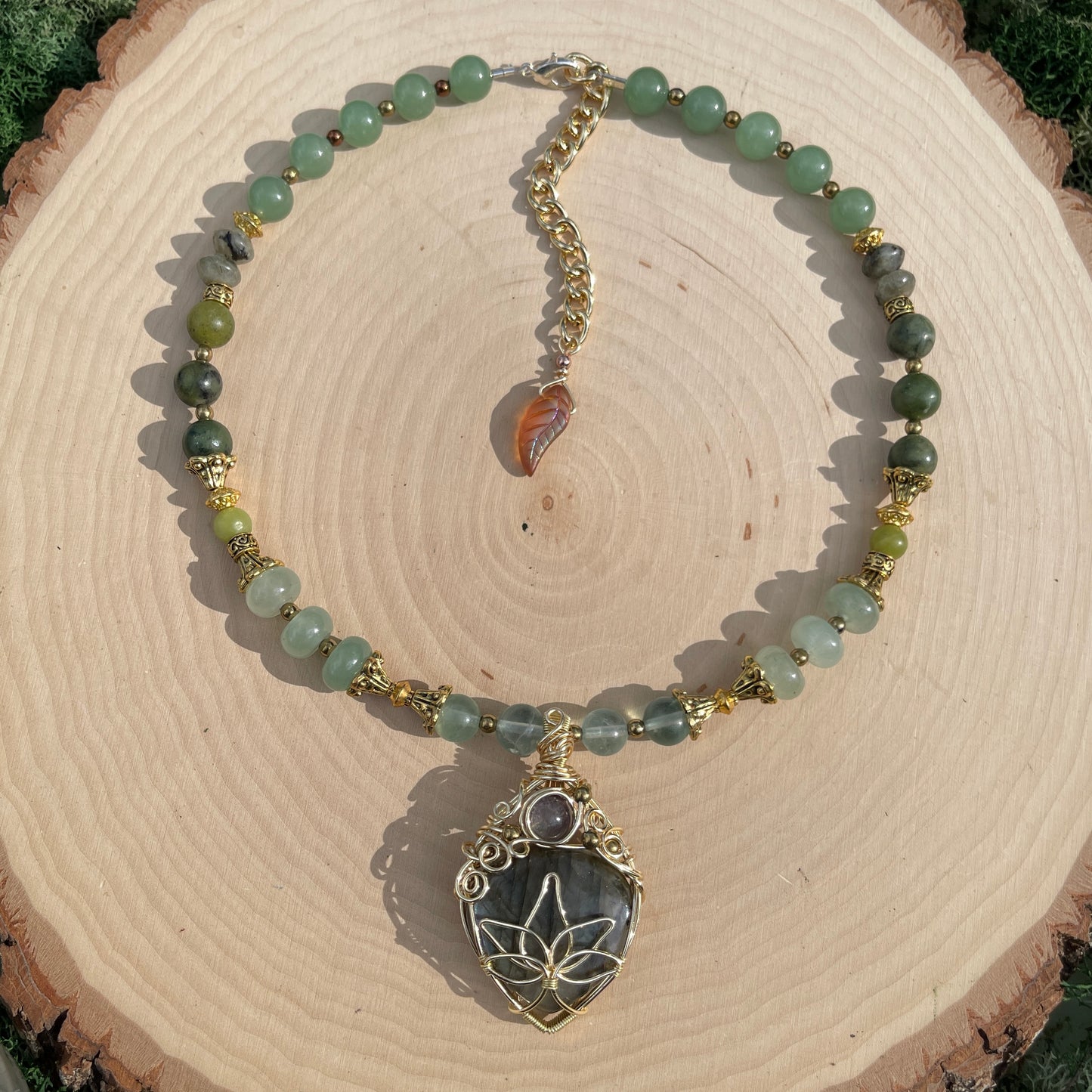 Fallyn • Labradorite, Fluorite, Jade + Mossy Agate Lotus Flower Necklace