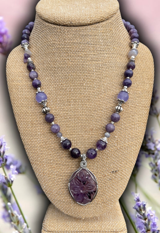 Rowan • Lepidolite, Amethyst + Lavender Amethyst Flower Necklace