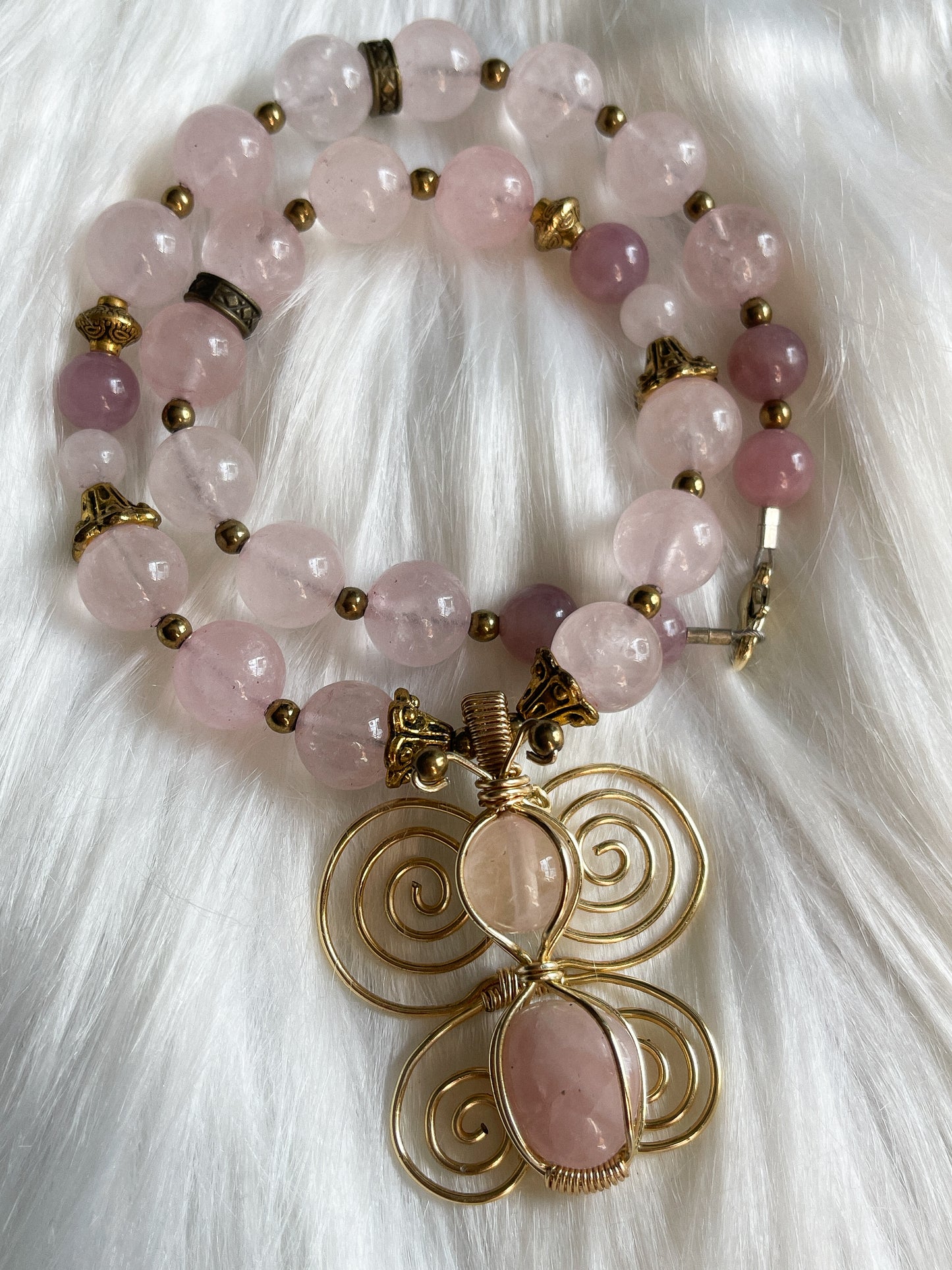 Bubblegum Rose Quartz Butterfly Necklace