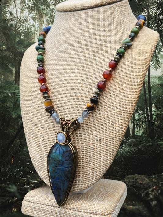 Earth’s Treasures • Carved Labradorite, Moonstone, Carnelian, Jade, Sodalite, Tigers Eye + Amethyst Necklace