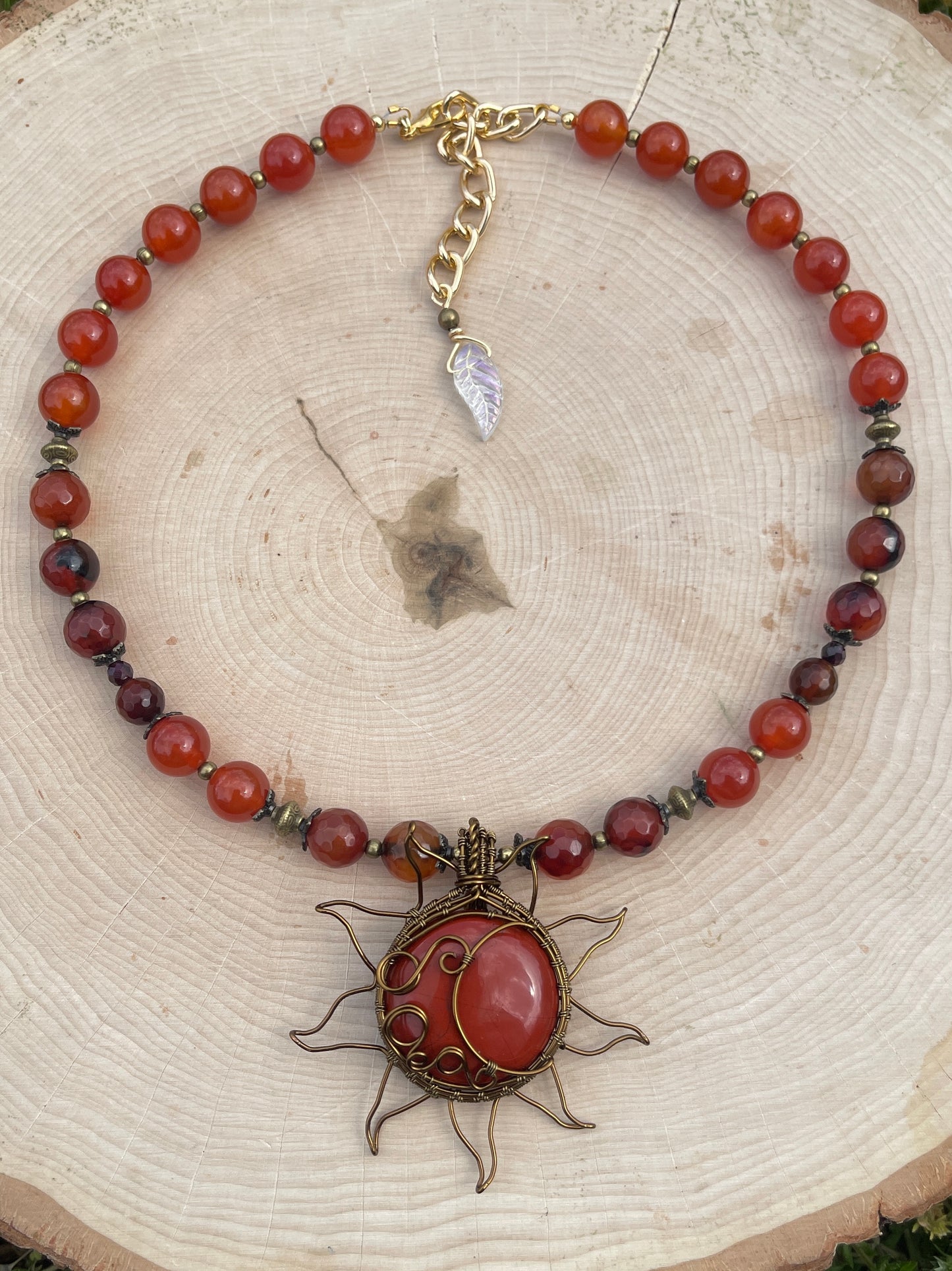 10mm Red Jasper, Carnelian + Amber Sun and Moon Necklace