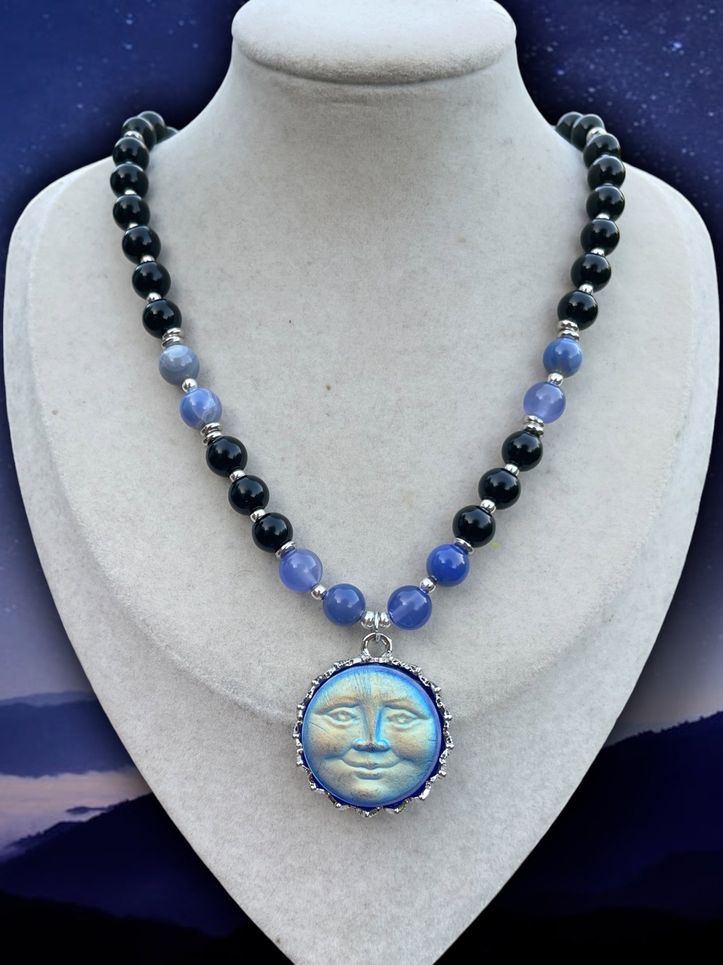Neverland • Obsidian + Agate Moon Face Necklace