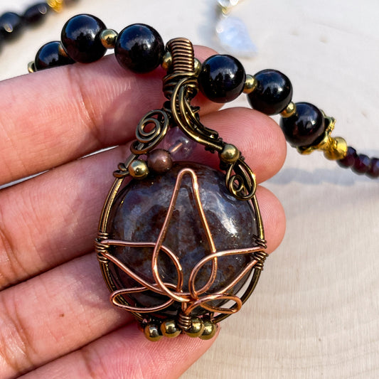 Vesper • Ocean Jasper, Garnet, Lepidolite + Madagascar Rose Quartz Necklace - Lotus Flower