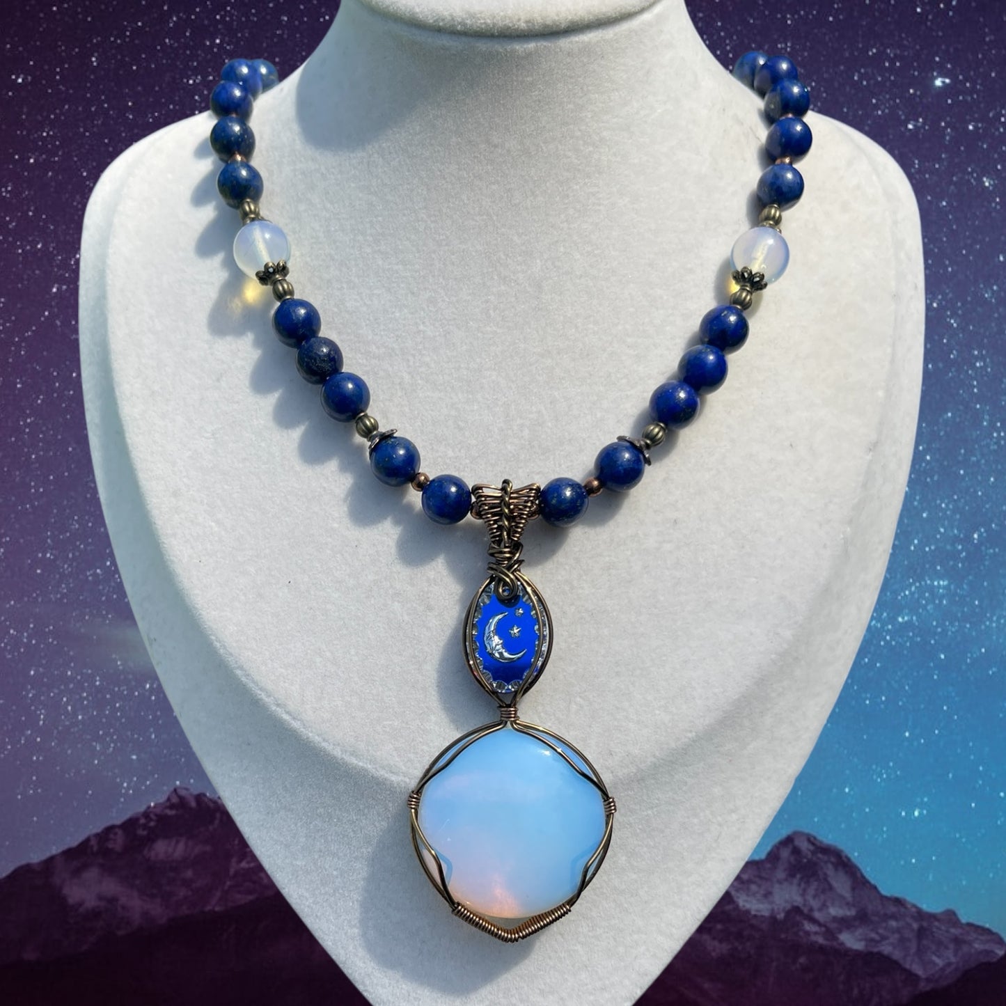 Cosmica • Opalite + Lapis Lazuli Crescent Moon Necklace