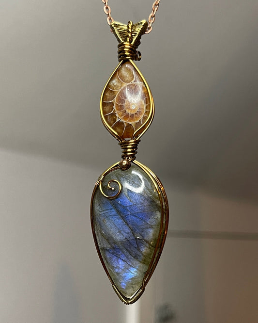 Ammonite + Labradorite Fossil Pendant