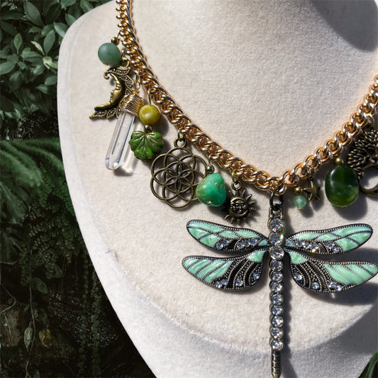 Chrysoprase, Jade + Peridot Dragonfly Charm Necklace