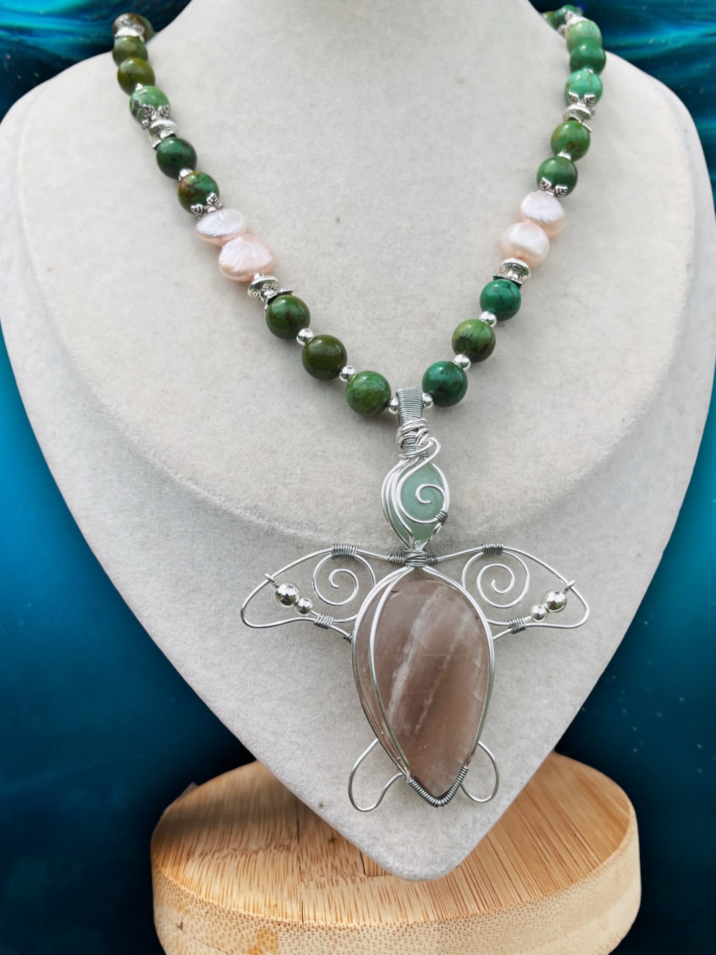 Belmorite Moonstone, Pearl + Green Turquoise Turtle Necklace