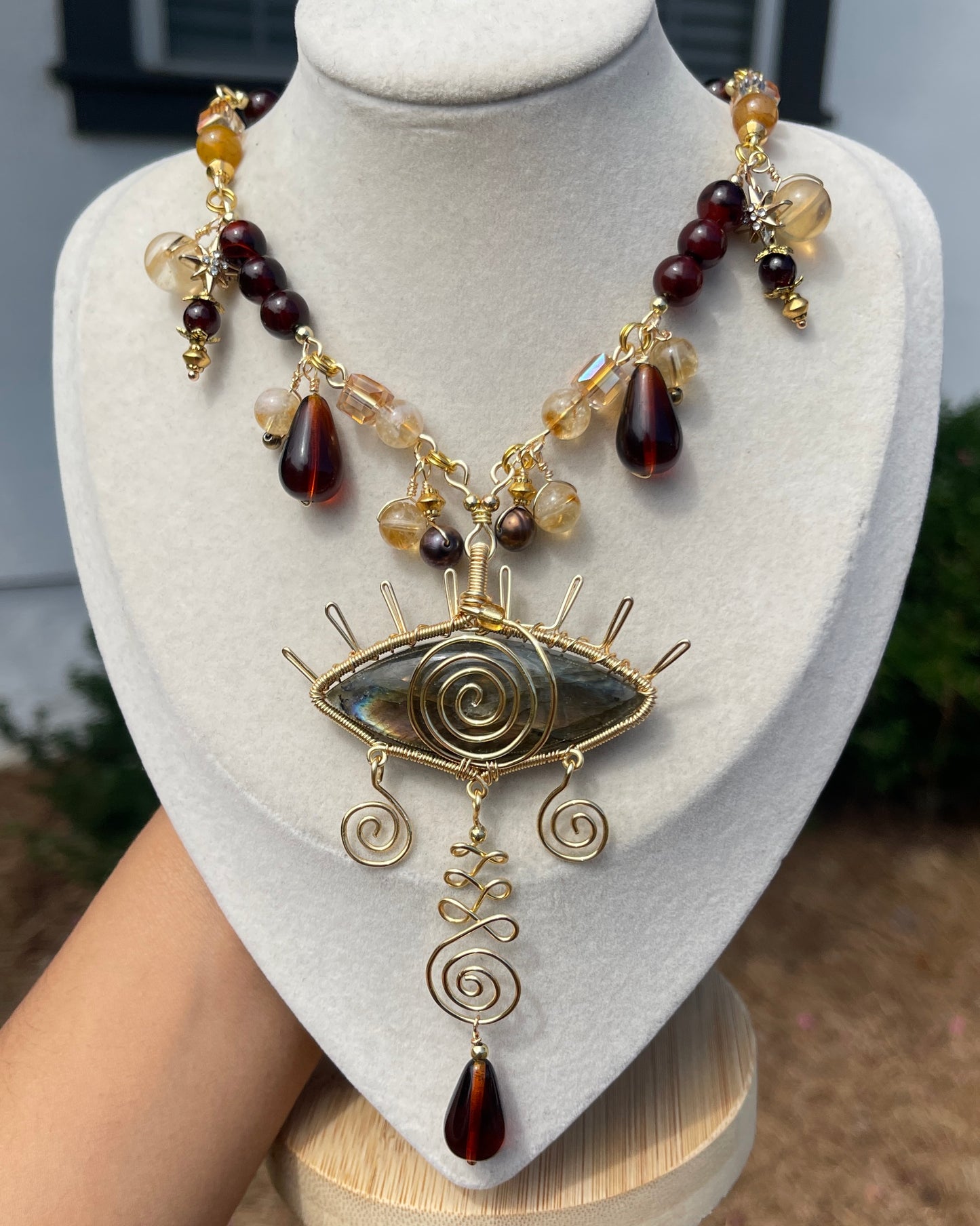 Nymeria • Labradorite, Citrine, Amber, Black Pearls + Carnelian All-Seeing Eye Necklace