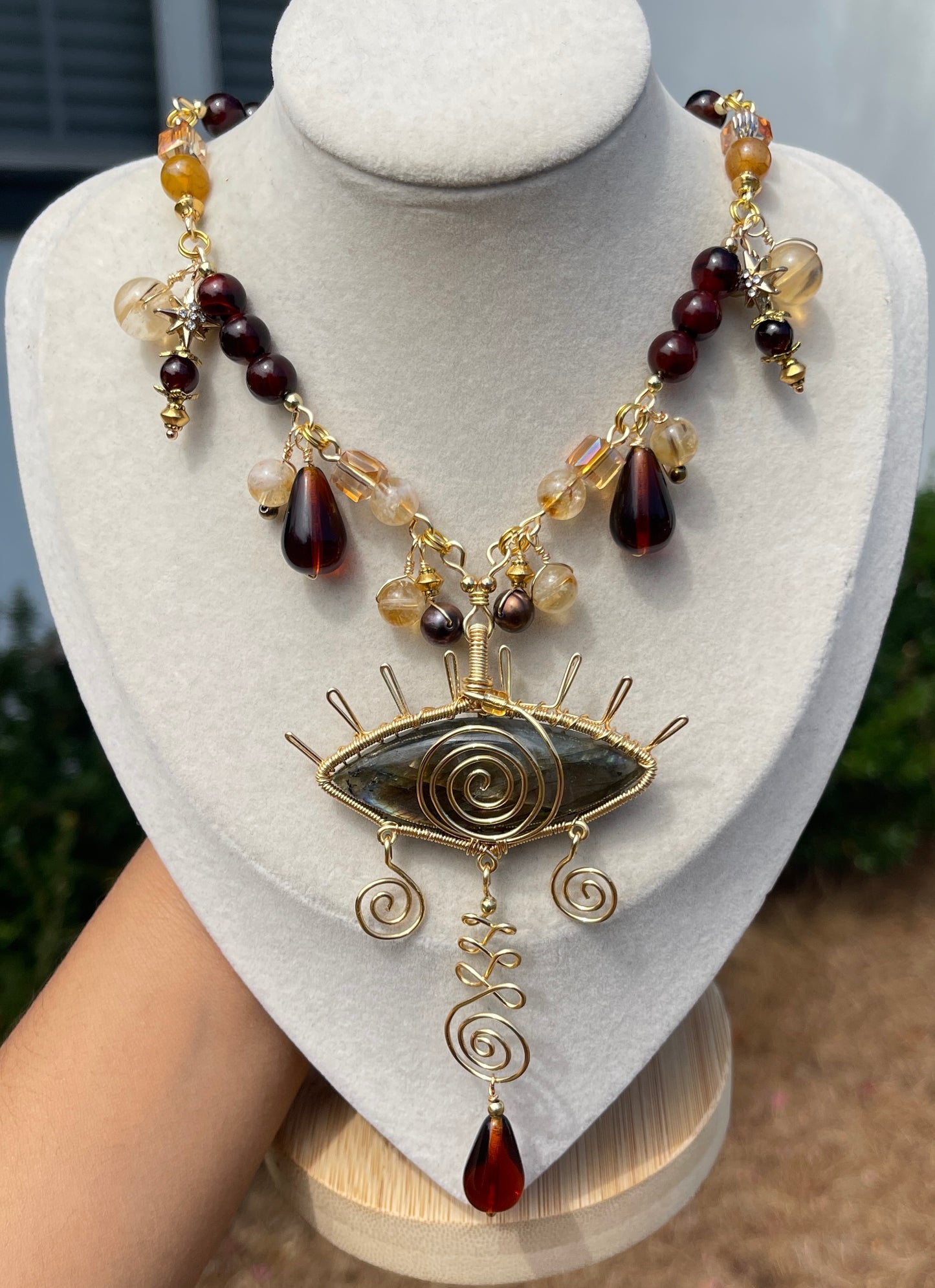 Nymeria • Labradorite, Citrine, Amber, Black Pearls + Carnelian All-Seeing Eye Necklace
