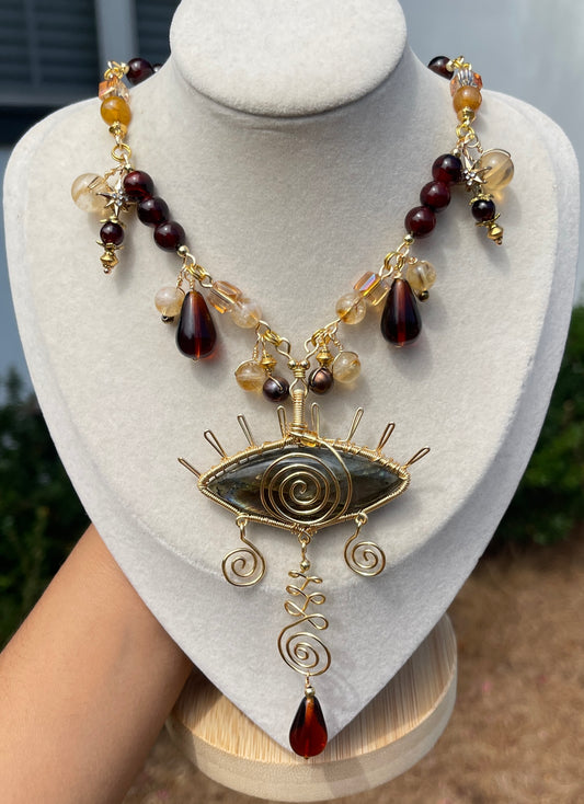 Nymeria • Labradorite, Citrine, Amber, Black Pearls + Carnelian All-Seeing Eye Necklace