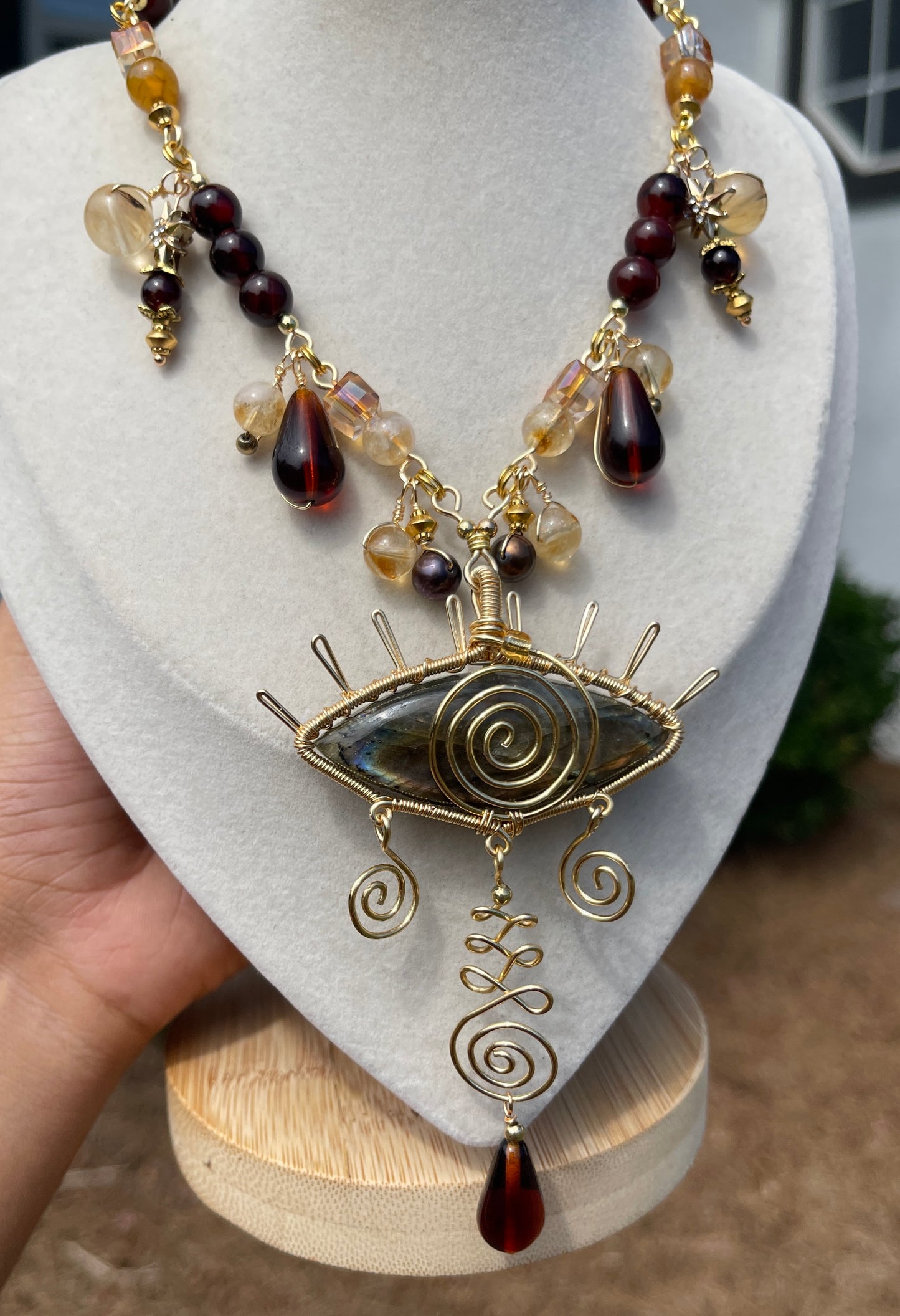 Nymeria • Labradorite, Citrine, Amber, Black Pearls + Carnelian All-Seeing Eye Necklace